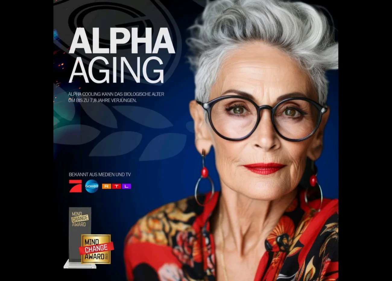 Alpha Aging Motiv mit einer Frau mit grauem Haar und Brille