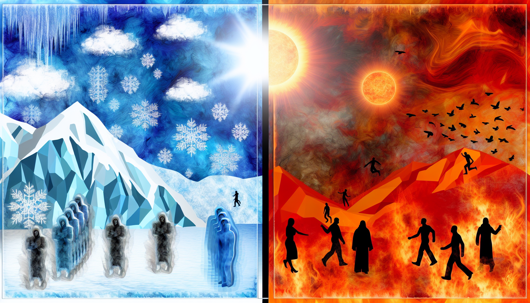 Ein abstrakter Konzeptvergleich von Kälte und Wärme. Auf der linken Seite visualisieren Sie das Wesen der Kälte – vielleicht mit eisblauen Farben, schneebedeckten Gipfeln und zitternden Figuren, die in schweren Schichten eingepackt sind. Auf der rechten Seite stellen Sie das Wesen der Wärme dar, mit feurigen Orange- und Rottönen, einer brennenden Sonne, die am Himmel hängt, und Personen, die die Hitze in leichter Kleidung genießen. Eine markante Trennlinie verläuft zwischen den beiden Seiten und betont den Kontrast. Durchgehend sollte klar sein, dass die verglichenen Konzepte Kälte und Wärme sind.