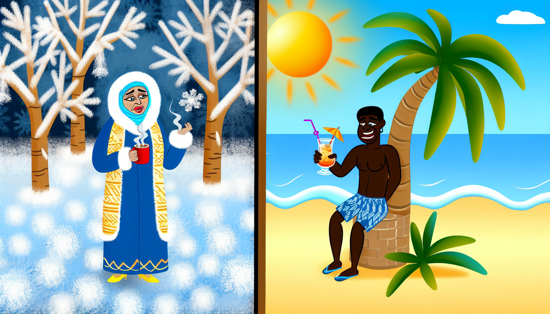 Illustrieren Sie den Kontrast zwischen Kälte und Wärme. Auf der einen Seite zeigen Sie eine verschneite, eisige Szene mit einer Person in Winterkleidung, vielleicht einer mittelöstlichen Frau, die eine heiße Tasse Kakao oder Kaffee hält, um der Kälte entgegenzuwirken. Die Bäume sollten kahl und mit Frost bedeckt sein. Auf der anderen Seite zeigen Sie eine tropische, sonnige Szene mit einem schwarzen Mann in Sommerkleidung unter einer Palme, der einen kalten Cocktail genießt. Die Sonne scheint hell, der Baum ist mit grünen Blättern bedeckt, vielleicht ist im Hintergrund ein Strand zu sehen. Diese beiden Hälften sollten in der Mitte zusammenkommen und den deutlichen Unterschied zwischen Kälte und Wärme veranschaulichen.