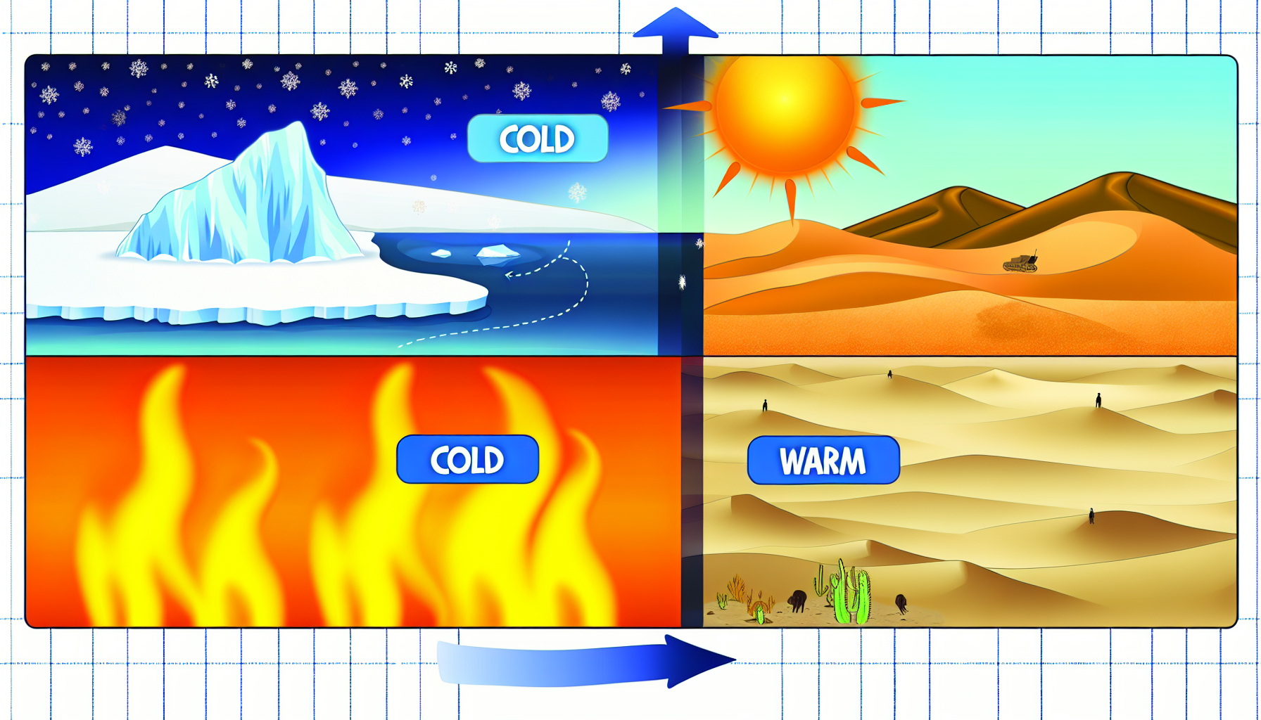 Eine bildliche Darstellung, die den konzeptionellen Unterschied zwischen KÃ¤lte und WÃ¤rme zeigt. Auf der einen Seite ein arktisches Landschaftsbild mit einem Eisberg und Schnee, das kalte Temperaturen reprÃ¤sentiert. Auf der gegenÃ¼berliegenden Seite ein heiÃŸes WÃ¼stenszenario mit SanddÃ¼nen und strahlender Sonne, das WÃ¤rme symbolisiert. In der Mitte sollte eine Mischung dieser beiden Umgebungen dargestellt werden, die den Ãœbergang von KÃ¤lte zu WÃ¤rme demonstriert. Jede Seite sollte mit 'KÃ¤lte' und 'WÃ¤rme' beschriftet sein. Beide Szenen sollten ohne menschliche PrÃ¤senz sein, um den Fokus ausschlieÃŸlich auf die kontrastierenden Klimazonen zu legen.