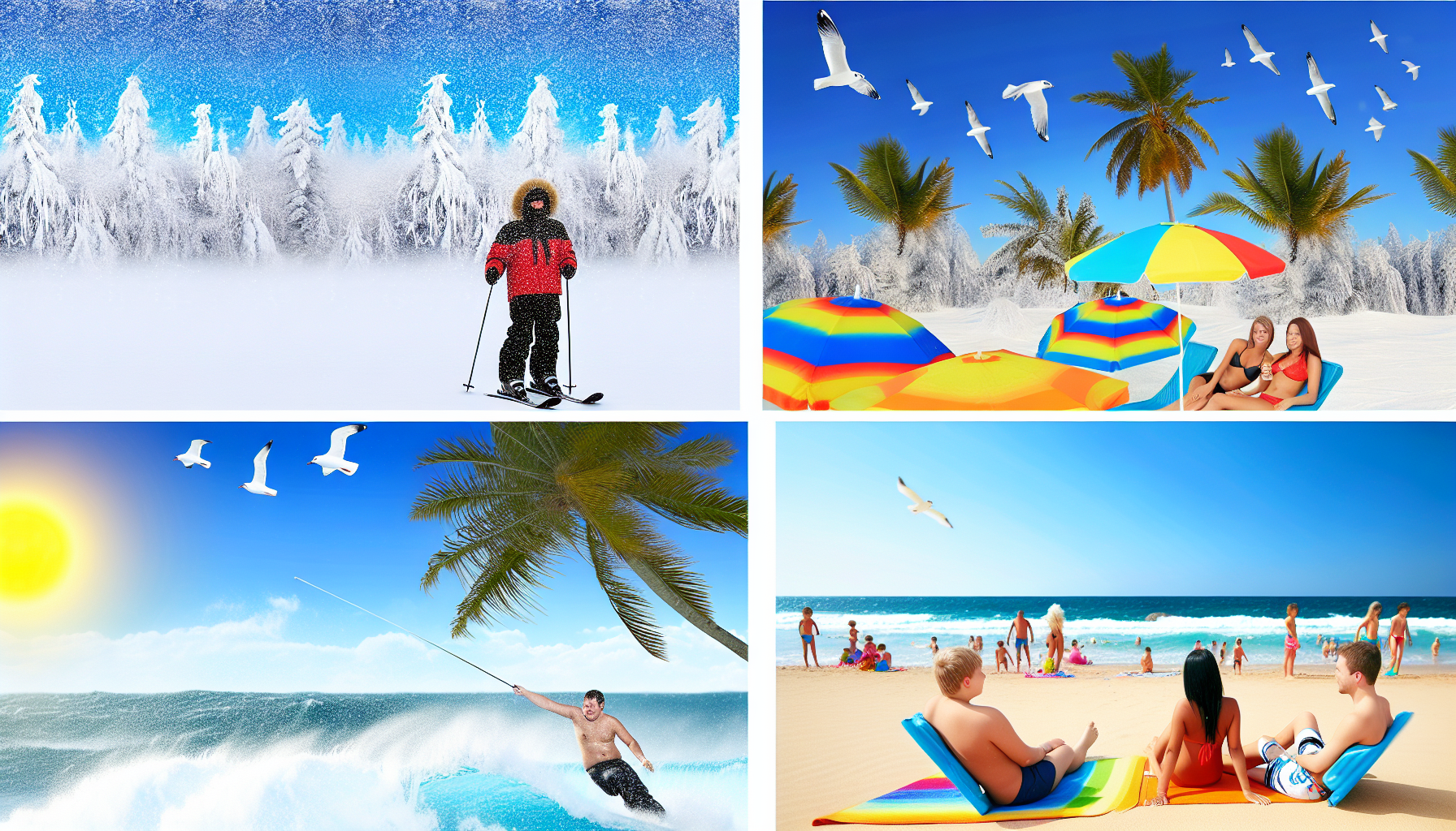 Zeigen Sie den Kontrast zwischen Kälte und Wärme. Auf der einen Seite illustrieren Sie die Kälte mit einer verschneiten Landschaft, in der eisbedeckte Bäume stehen und ein Skifahrer in einer dicken Jacke eingepackt ist. Der Himmel sollte voller weißer, wogender Wolken sein und die Luft mit sanft fallenden Schneeflocken gefüllt sein. Auf der anderen Seite stellen Sie die Wärme als sonnige Strandszene dar. Hier sehen Sie Menschen in Badeanzügen, die unter bunten Strandsonnenschirmen entspannen, Kinder, die Sandburgen bauen, und einen Surfer, der unter einem klaren, blauen Himmel eine Welle reitet. Palmen wiegen sich in der sanften Brise und Möwen fliegen darüber hinweg.