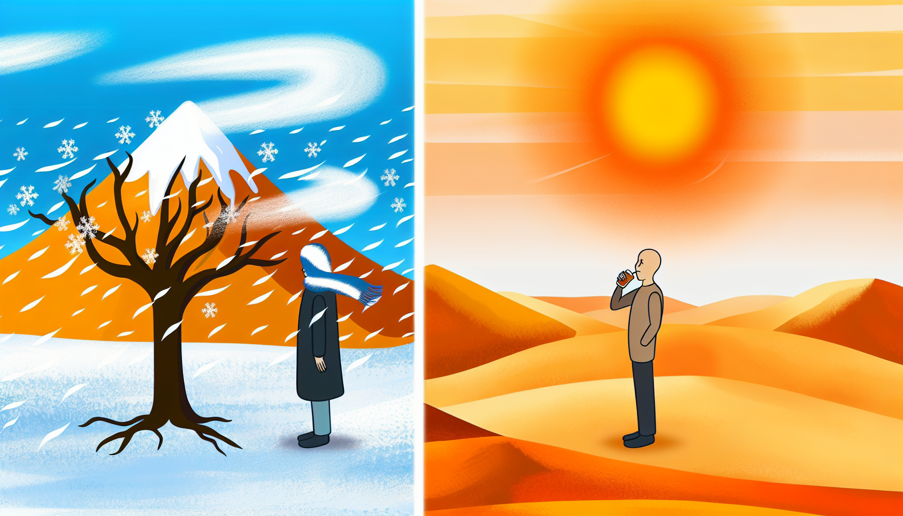 Eine anschauliche Gegenüberstellung von zwei Gegensätzen: Kälte und Wärme. Auf der einen Seite eine kalte Szene mit einem schneebedeckten Berg, eisigem Wind, der durch einen kahlen Baum weht, und einer Person, die in einen dicken Mantel gehüllt ist. Auf der anderen Seite eine warme Umgebung mit einer brennenden Sonne, heißen Wüstensanden und einer Person in leichter Kleidung, die ein kaltes Getränk genießt. Beide kontrastierenden Atmosphären sollten die gleiche Größe haben, um ihr Nebeneinander und ihre Unterschiede zu betonen.