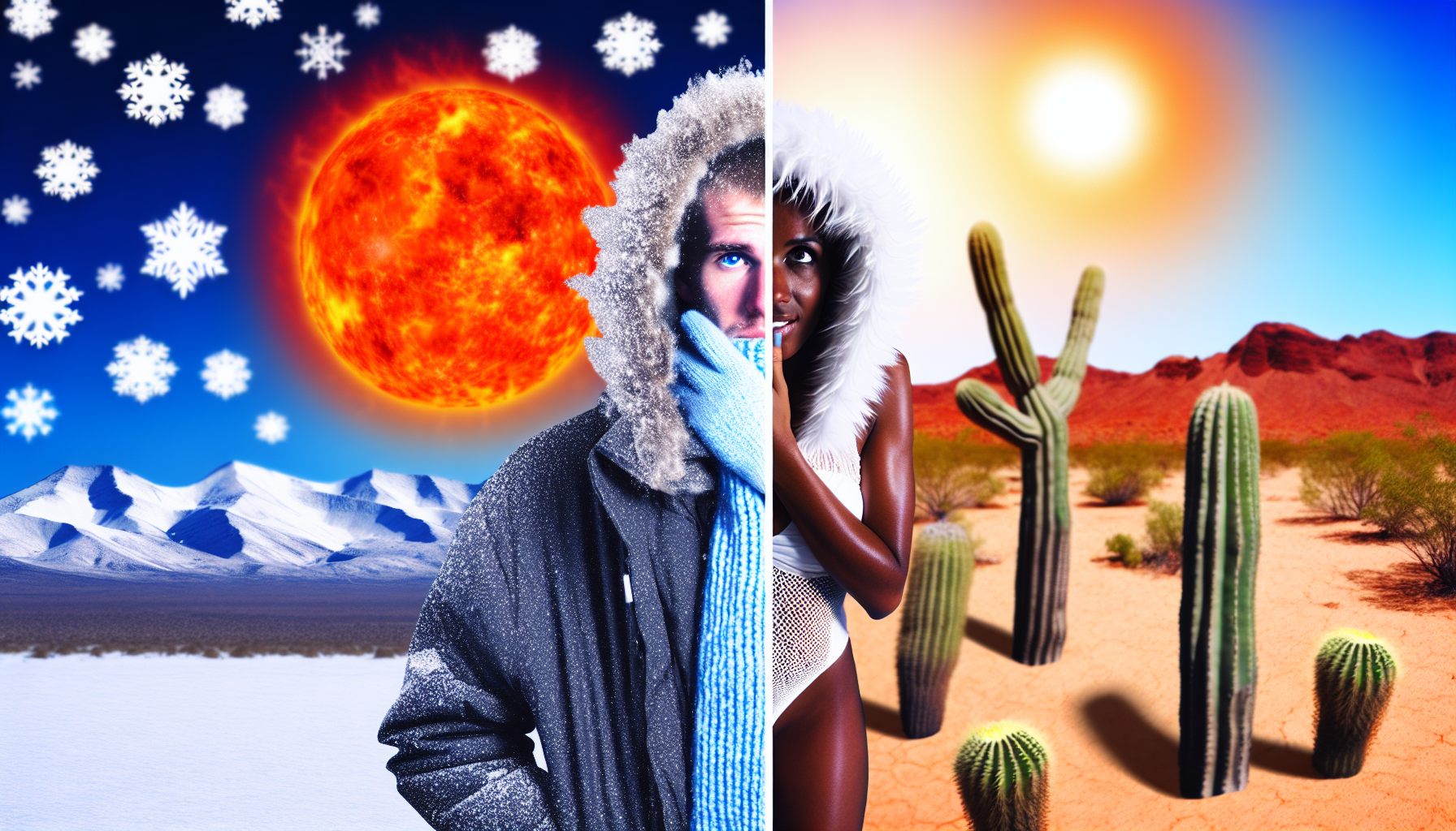 Visuelle Darstellung, die die Konzepte von Kälte und Wärme kontrastiert. Auf der einen Seite des Bildes eine Winterlandschaft mit schneebedeckten Bergen, ein kaukasischer Mann, der in einen dicken Mantel gehüllt ist, und dessen Atem in der eisigen Luft sichtbar ist. Diese Szene wird in Blau- und Weißtönen dargestellt. Auf der anderen Seite des Bildes eine Wüstenlandschaft mit einer brennenden Sonne am Himmel. Eine schwarze Frau trägt Sommerkleidung und sucht Schatten unter einem Kaktus, wobei lebendige Rot-, Orange- und Gelbtöne für diese Szene verwendet werden. Die Szenen treffen sich in der Mitte und bilden einen starken Kontrast.