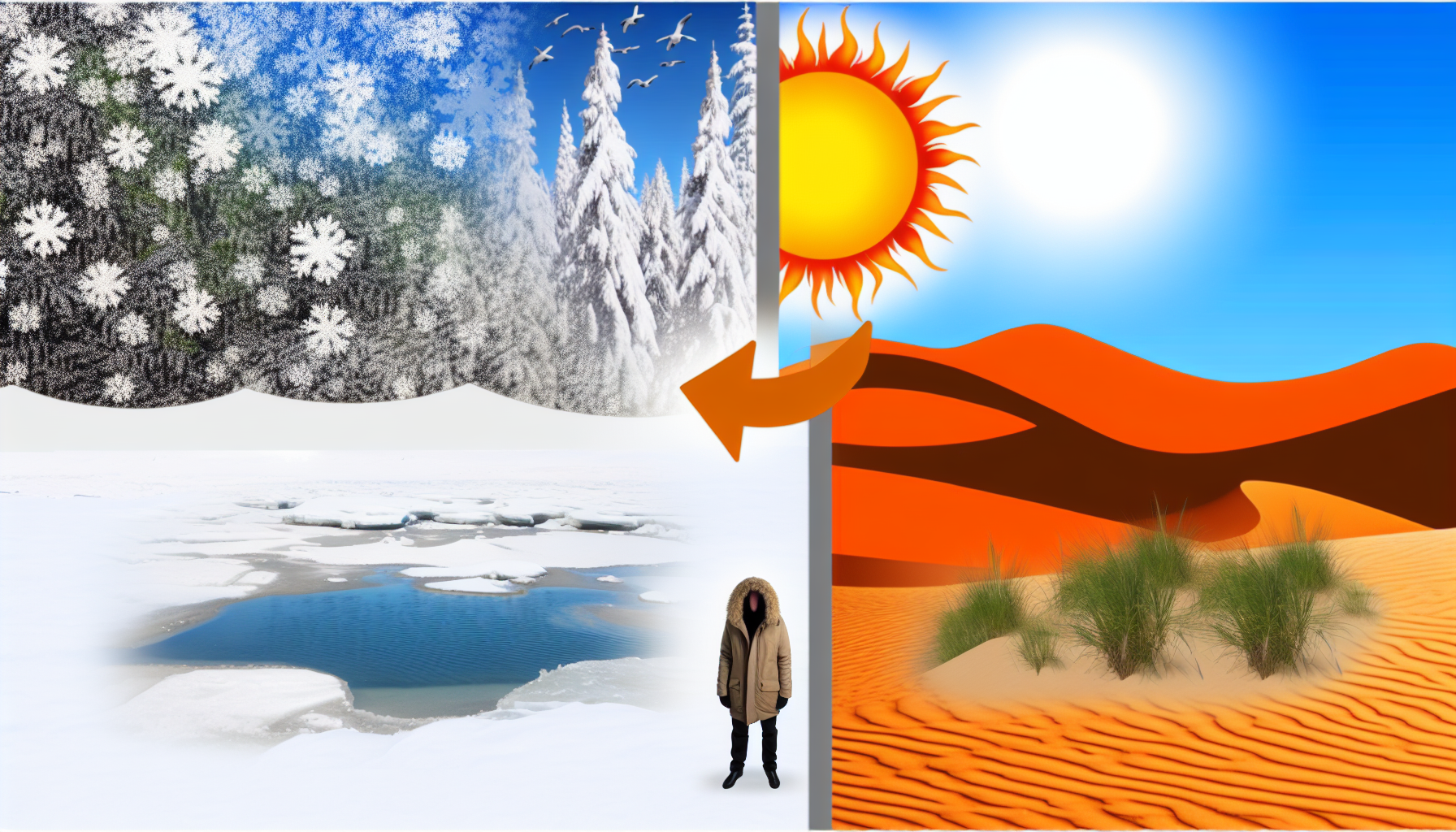 Visuelle Darstellung des Unterschieds zwischen Kälte und Wärme. Auf der einen Seite eine Umgebung, die mit Kälte assoziiert wird, wie eine verschneite Winterlandschaft mit eisigen Bäumen, einem gefrorenen See und einer Person in schwerer Winterkleidung. Auf der anderen Seite steht eine Szene, die mit Wärme assoziiert wird, wie eine heiße Wüstenlandschaft mit Sanddünen, einer brennenden Sonne und einer Person in leichter, luftiger Kleidung für heißes Wetter. Diese beiden kontrastierenden Szenen werden in der Mitte miteinander verbunden, um den Übergang zwischen Kälte und Wärme darzustellen.