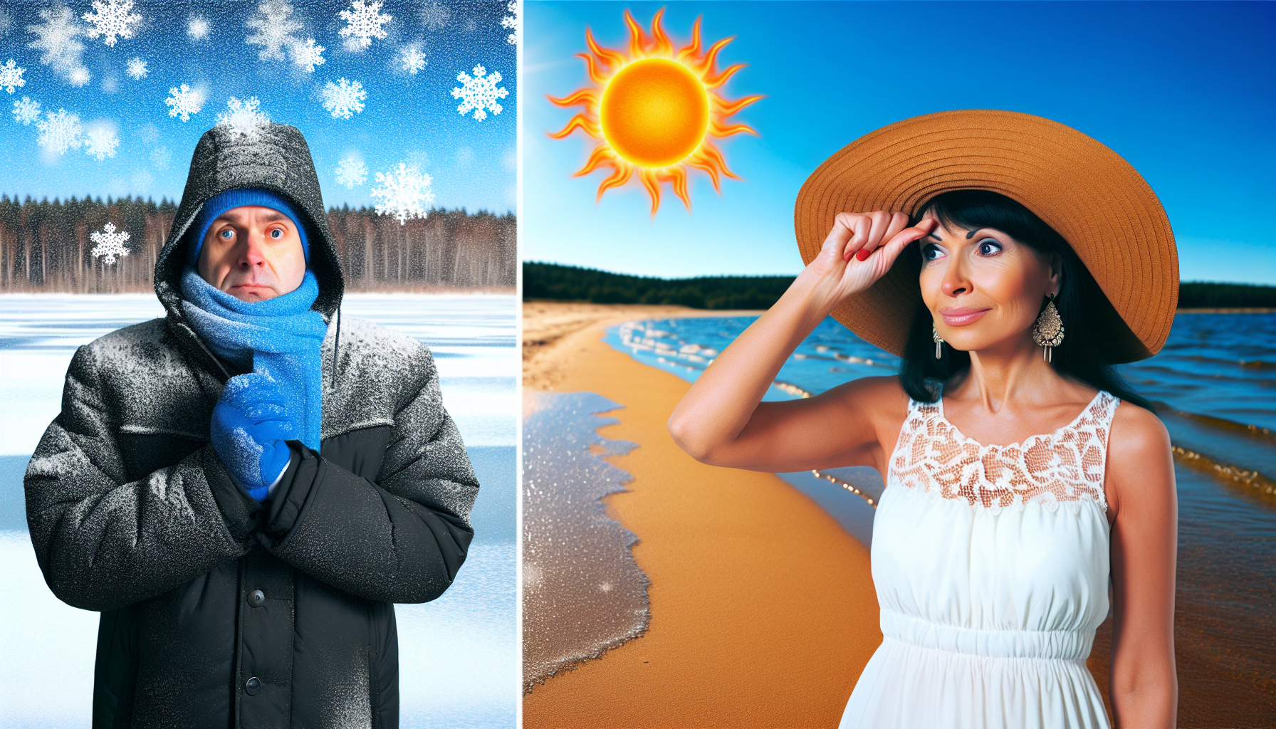 Illustrieren Sie den Kontrast zwischen Kälte und Wärme. Auf der einen Seite des Bildes zeigen Sie eine kalte Winterszene mit sanft fallenden Schneeflocken auf einem gefrorenen See unter einem blauen Himmel. Dort steht ein kaukasischer Mann in einem dicken Wintermantel, dessen Atem in der eisigen Luft sichtbar ist. Auf der anderen Seite zeigen Sie eine heiße Sommersonne, einen Strand mit goldenem Sand, der von einer brennenden Sonne erwärmt wird. Dort steht eine hispanische Frau in einem breitkrempigen Hut und einem Sommerkleid, die sich die Augen vor der Sonne schützt. Zusammen veranschaulichen sie den deutlichen Unterschied zwischen Kälte und Wärme.