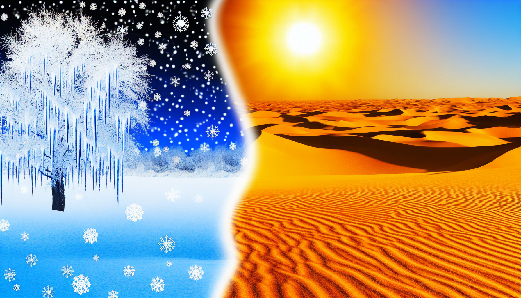 Visuelle Darstellung des Kontrasts zwischen Kälte und Wärme. Auf der einen Seite des Bildes zeigt sich eine friedliche, schneebedeckte Landschaft unter einem mondbeschienenen Himmel. Dicke Schneedecken bedecken den Boden, sanfte weiße Flocken fallen vom Himmel, und Eiszapfen hängen von einem einsamen, kahlen Baum. Saphirblau und stahlgraue Farbtöne sollten dominieren. Auf der gegenüberliegenden Seite illustriert man eine sonnenverwöhnte Wüste. Der Sand glüht vor intensiver Hitze, Fata Morganas tanzen in der fernen Distanz, eine goldene Sonne hängt hoch am klaren Himmel, und Hitzewellen verzerren den Horizont. Die dominierenden Farben hier sollten Gold- und verbrannte Orangetöne sein.