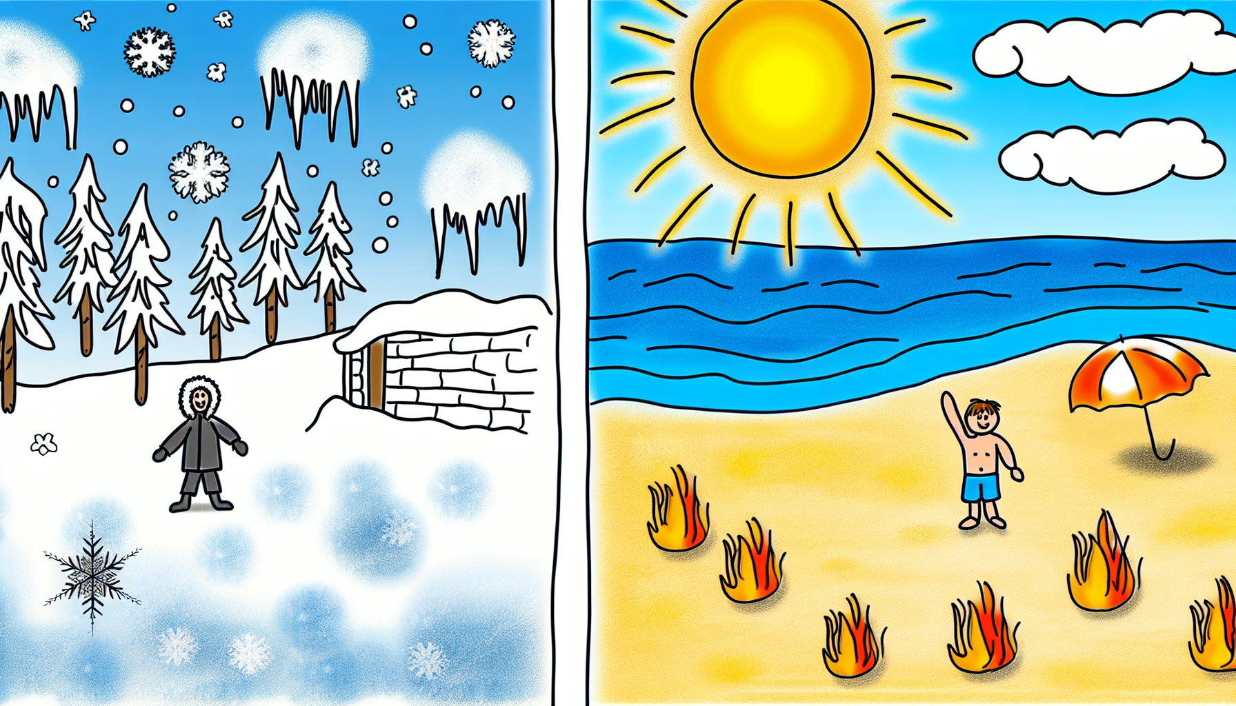 Eine Illustration, die den Unterschied zwischen Kälte und Wärme zeigt. Auf der einen Seite ein verschneites Umfeld mit frostigen Bäumen, Eiszapfen, die von den Dächern hängen, und einer Person, die sich in warme Kleidung eingepackt hat. Auf der anderen Seite eine sonnige Strandszene mit klarem blauen Himmel, der hellen Sonne, die ihr warmes Licht ausstrahlt, dem von der Sonne erhitzten Sand und einer Person in leichter Sommerkleidung. Ziehe eine sichtbare Linie in der Mitte, die die beiden Szenen trennt, um den Kontrast zu betonen.