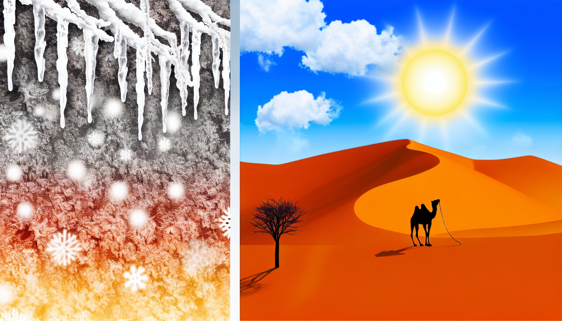 Erstellen Sie eine Visualisierung, die den Unterschied zwischen Kälte und Wärme darstellt. Auf der einen Seite zeigen Sie schneebedeckte Berge mit Eiszapfen, die von den Baumästen hängen. Der Himmel ist bewölkt und grau, und kleine Schneeflocken wirbeln in der Luft. Auf der anderen Seite zeigen Sie eine sonnenbeschienene Wüste mit Sanddünen, die in der Hitze glänzen. Der Himmel ist strahlend blau und die Sonne ist ein großer, leuchtender Ball, der Wärme ausstrahlt. In der Ferne ist ein einsamer Kamel zu sehen. Der Kontrast sollte die charakteristischen Merkmale von Kälte und Wärme deutlich veranschaulichen.