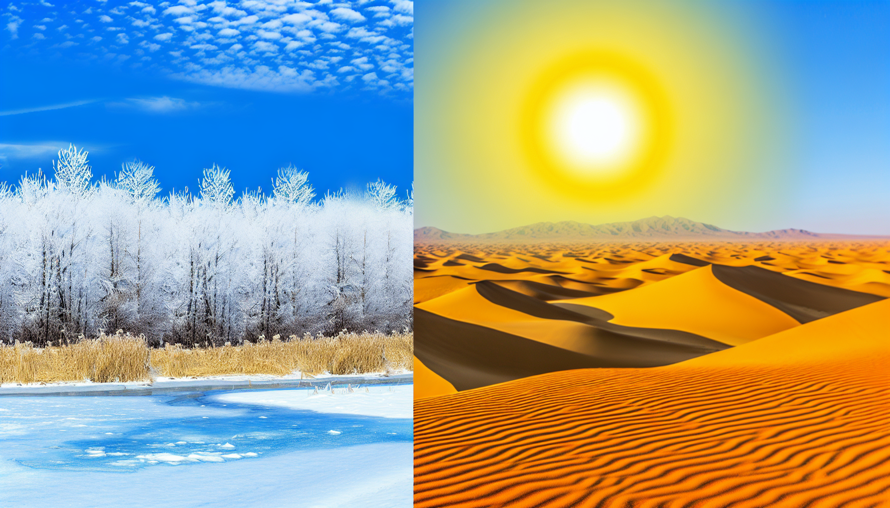 Erstellen Sie ein Bild, das die Unterschiede zwischen Kälte und Wärme veranschaulicht. Auf der einen Seite zeigen Sie eine verschneite, eisige Landschaft; vielleicht ein schneebedecktes Feld mit kahlen Bäumen und einem gefrorenen Fluss, alles in Frost gehüllt und in dem azurblauen Farbton eines kalten Wintertags. Auf der anderen Seite zeigen Sie eine heiße Wüstenlandschaft; vielleicht die endlose Weite goldener Sanddünen unter einer brennenden gelben Sonne, mit einer schimmernden Fata Morgana in der Ferne. Die beiden Szenen sollten klar getrennt, aber gegenübergestellt sein, um den starken Kontrast zwischen Kälte und Wärme zu betonen.
