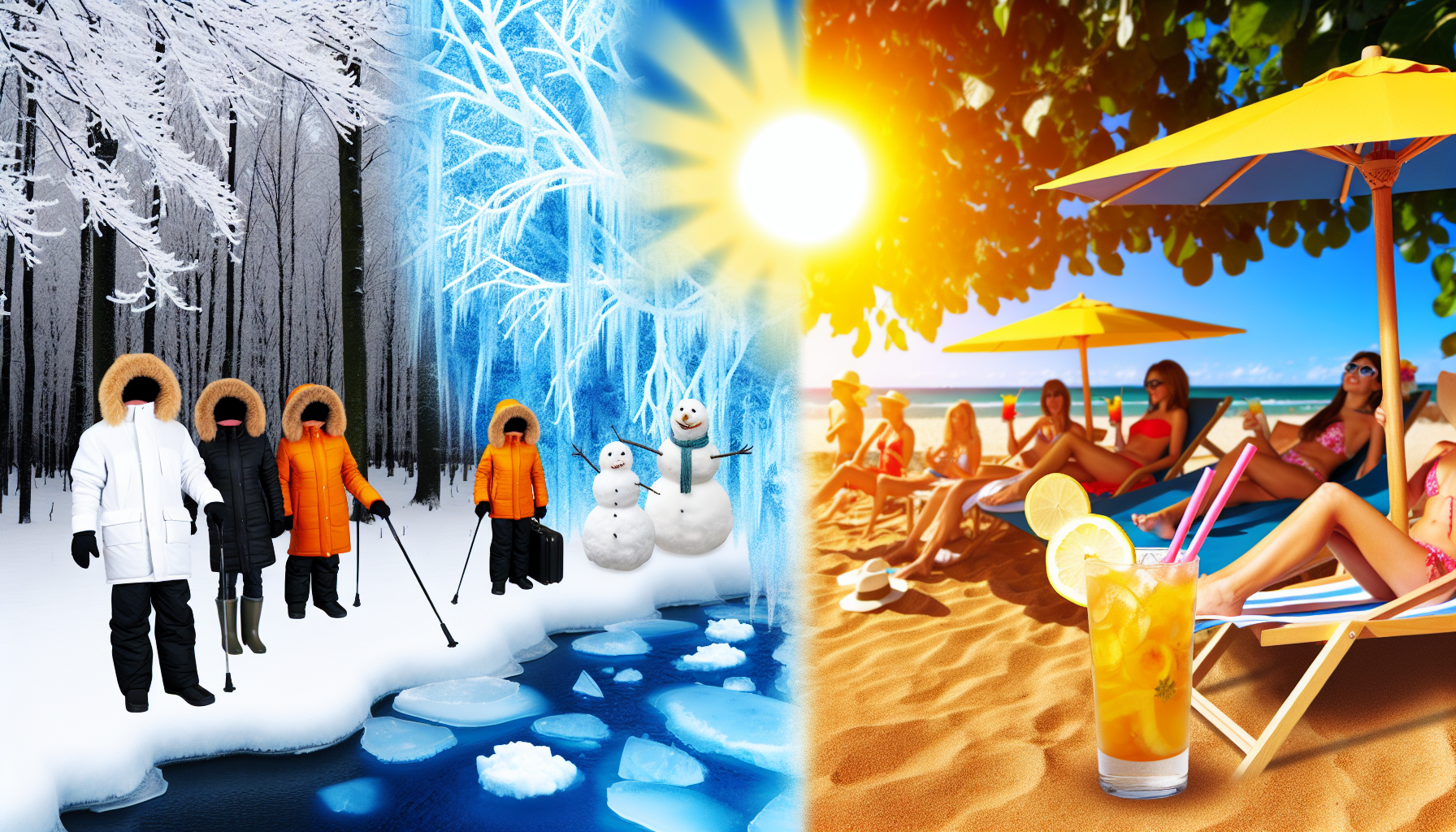 Erstellen Sie ein Bild, das den Kontrast zwischen Kälte und Wärme zeigt. Auf der einen Hälfte des Bildes stellen Sie eine frostige Winterlandschaft dar, mit schneebedeckten Bäumen, eisigen Bächen und Menschen, die dicke Winterkleidung tragen, um sich warm zu halten. Auf der anderen Hälfte zeigen Sie einen heißen Sommertag mit strahlendem Sonnenlicht, einem Sandstrand und Menschen in Sommerkleidung, die gekühlte Getränke unter Strandsonnenschirmen genießen. Balancieren Sie beide Hälften des Bildes, um den starken Unterschied zwischen Kälte und Wärme zu betonen.