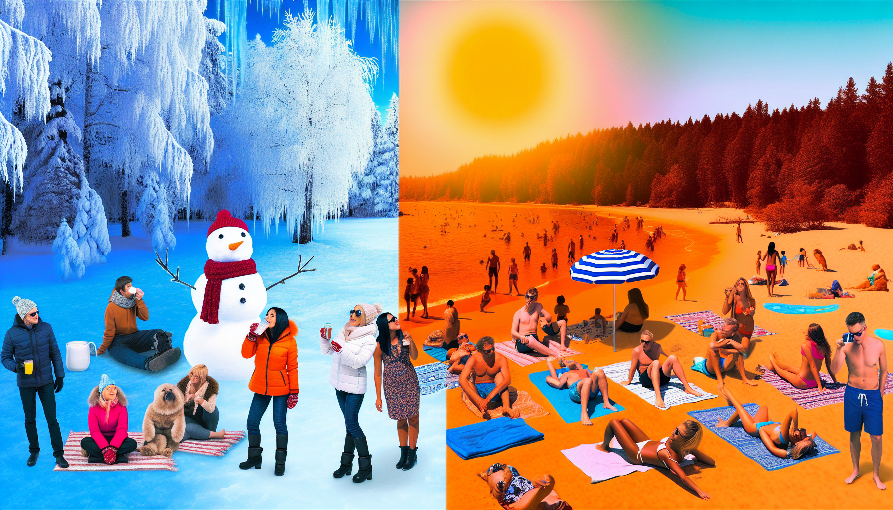 Erstellen Sie ein Bild, das Kälte und Wärme effektiv unterscheidet. Auf der einen Seite illustrieren Sie Kälte, dargestellt durch eine verschneite Landschaft mit eisbedeckten Bäumen und einem Schneemann. Menschen in dicker Winterkleidung sollten zu sehen sein, die heiße Getränke genießen. Auf der anderen Seite stellen Sie Wärme dar mit einem sonnenverwöhnten Strand, an dem Menschen unterschiedlicher Abstammung und beider Geschlechter sich sonnen oder schwimmen. Fügen Sie Elemente wie Meereswellen, Strandtücher, Strandsonnenschirme und Sandburgen hinzu. Die Farbintensität sollte unterschiedlich sein, mit kühlen Blau- und Weißtönen für die Kaltseite und warmen Orange- und Gelbtönen für die Warmseite.