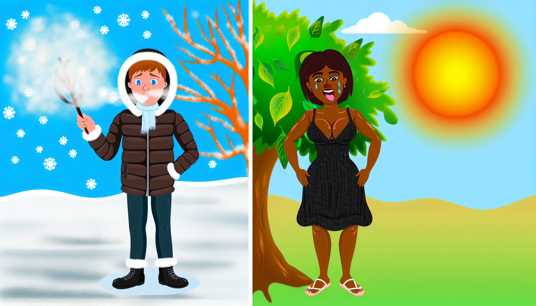 Illustrieren Sie ein Bild, das den Unterschied zwischen Kälte und Wärme zeigt. Auf der einen Hälfte des Bildes stellen Sie eine Winterszene dar, in der ein kaukasischer Mann in warmer Kleidung steht, neben einem blattlosen Baum an einem verschneiten Tag, dessen Atem in der kalten Luft sichtbar ist. Auf der anderen Hälfte zeigen Sie eine Sommersonne mit einer schwarzen Frau in einem Sommerkleid, die unter einem Baum mit üppigem grünem Laub steht, die heiße Sonne scheint hell, und Schweiß ist auf ihrem Gesicht sichtbar. Die Bilder sollten einen starken Kontrast zwischen den beiden Temperaturen einfangen.