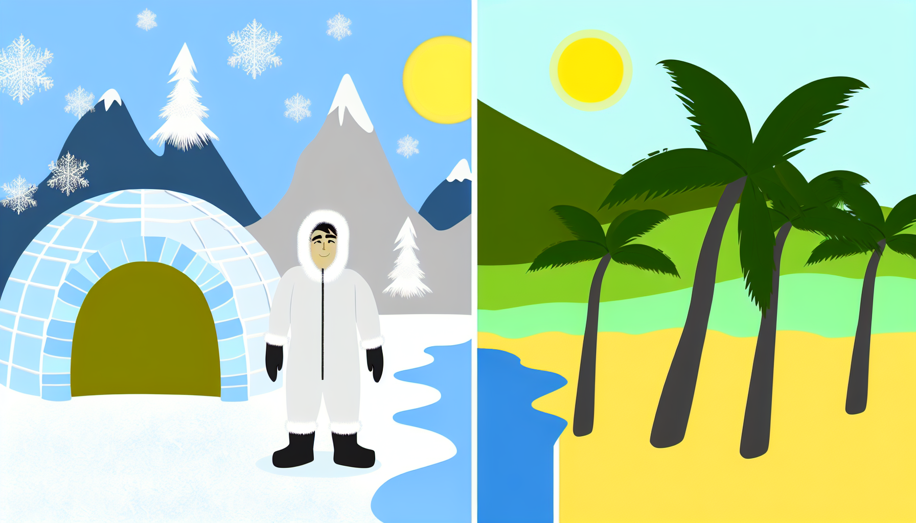 Illustrieren Sie ein Bild, das das Konzept von Kälte und Wärme kontrastiert. Auf der linken Seite zeigen Sie eine winterliche Szene mit schneebedeckten Tannenbäumen, einem Iglu und einer Person südasiatischer Abstammung, männlich, die in schwerer Winterkleidung gekleidet ist. Auf der rechten Seite zeigen Sie eine sommerliche Szene mit grünen Palmen, einem Sandstrand und einer Person hispanischer Abstammung, weiblich, die in leichter Sommerkleidung gekleidet ist. Diese beiden kontrastierenden Szenen sollten durch eine vertikale Mittellinie getrennt sein. Die linke (kalte) Seite sollte überwiegend in Blau- und Weißtönen gehalten sein, während die rechte (warme) Seite in hellen Gelb- und Grüntönen leuchten sollte.
