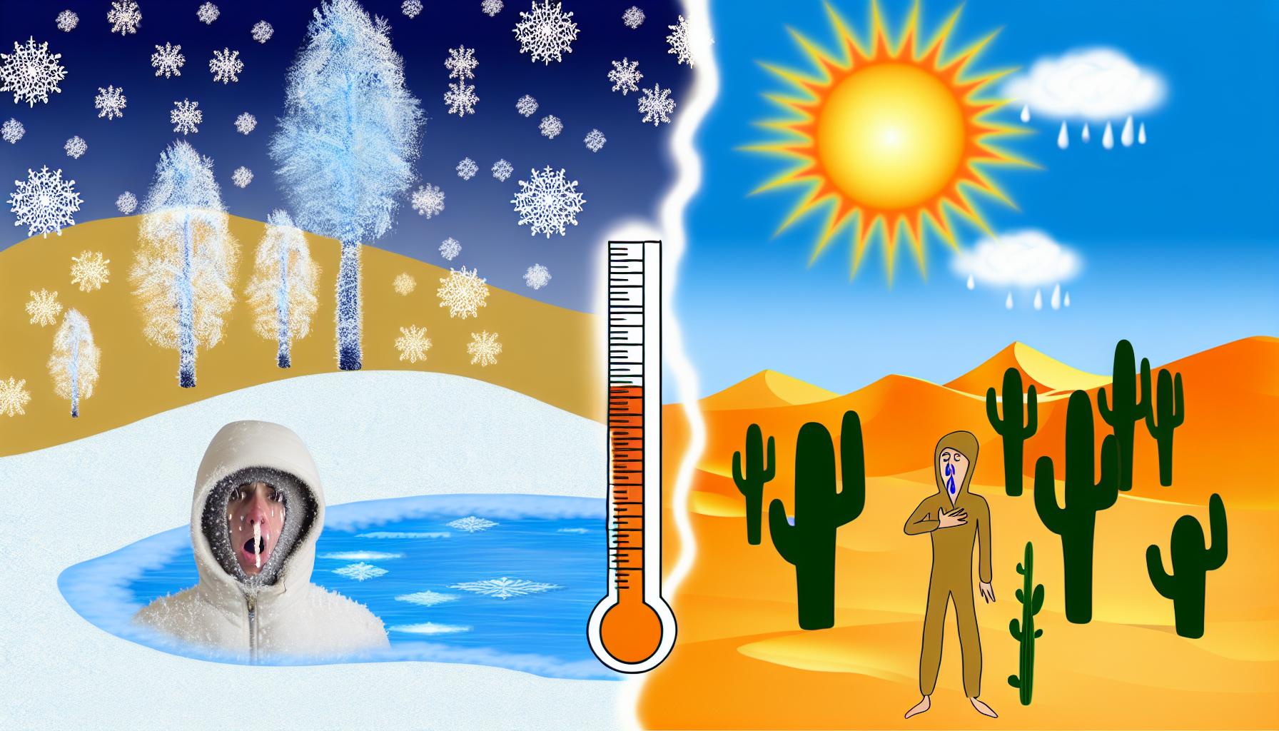 Visuelle Darstellung der Unterschiede zwischen Kälte und Wärme. Auf der linken Seite illustriere eine verschneite Landschaft mit eisigen Bäumen, einem gefrorenen See und einer Person, die in Winterkleidung eingepackt ist, deren Atem in der kalten Luft sichtbar ist. Auf der rechten Seite erstelle eine Wüstenlandschaft unter der brennenden Sonne, mit Sanddünen, Kakteen und einer Person, die in lockerer, atmungsaktiver Kleidung gekleidet ist, wobei Schweißperlen auf ihrem Gesicht sichtbar sind. Verbinde diese beiden Hälften mit einem Thermometer in der Mitte, das die unterschiedlichen Temperaturen für Kälte und Wärme anzeigt.