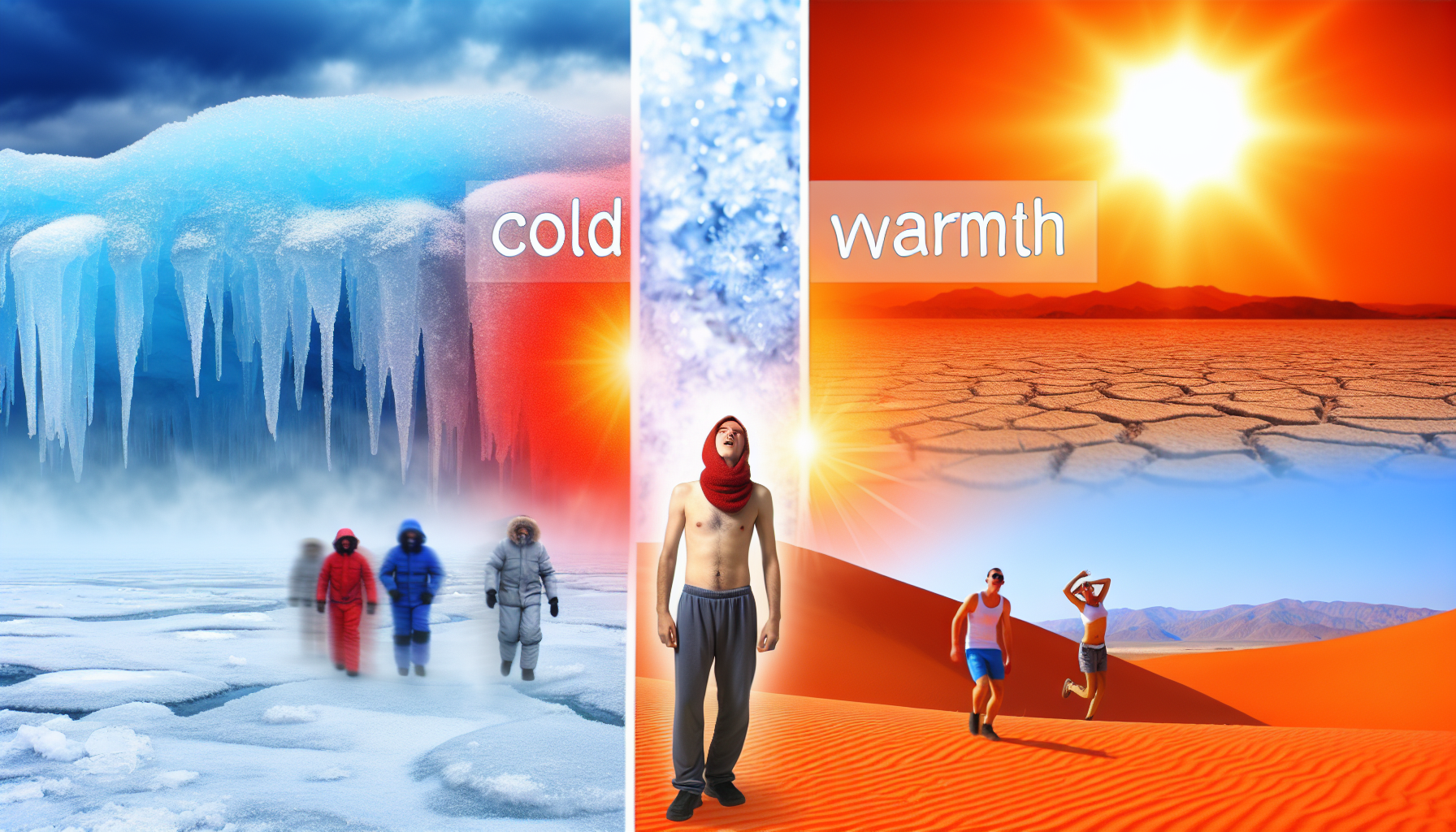 Visualisieren Sie den Kontrast zwischen Kälte und Wärme. Auf der linken Seite befindet sich eine Darstellung von Kälte, mit eisigen Landschaften, Frost und blassen Blautönen. Die Menschen sind in dicke Winterkleidung gehüllt, ihr Atem ist in der frostigen Luft sichtbar. Auf der rechten Seite steht die Wärme, dargestellt durch eine Wüstenlandschaft, orange und rote Farbtöne, die Sonne brennt am Himmel, und die Menschen tragen leichte Sommerkleidung und schwitzen unter der Hitze.