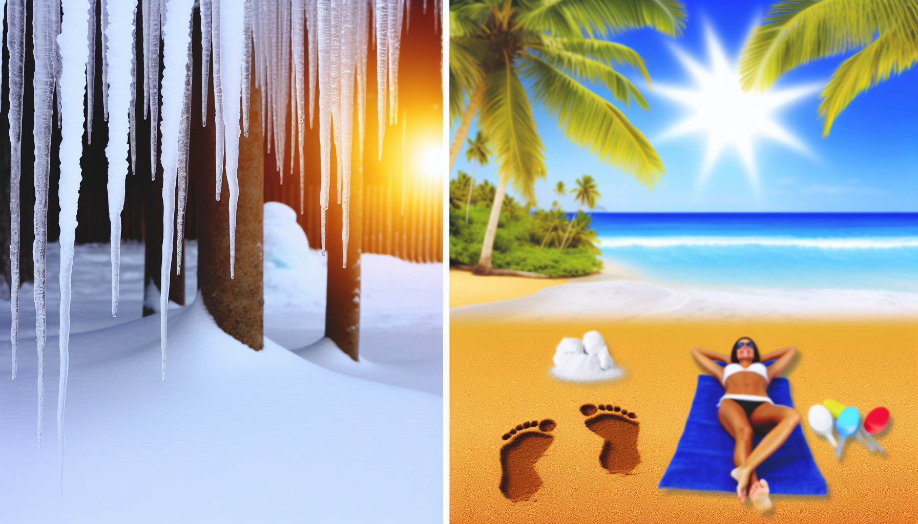 Illustrieren Sie den starken Kontrast zwischen Kälte und Wärme. Auf der einen Seite zeigen Sie eine verschneite Landschaft mit Eiszapfen, die von Bäumen hängen, Fußabdrücken im Schnee und vielleicht einer Person, die in Winterkleidung eingepackt ist. Die Atmosphäre ist still, alles ist in Weiß gehüllt, und das Licht ist blass, als ob die Sonne hinter Wolken verborgen wäre. Auf der anderen Seite vermitteln Sie die Wärme, indem Sie eine sonnige Strandkulisse darstellen. Die Sonne scheint hell, es gibt Palmen, die im Wind wiegen, der Sand ist golden, und eine Person sonnt sich auf einem Strandtuch. Diese beiden Bilder nebeneinander sollten den Unterschied zwischen Kälte und Wärme deutlich zeigen.
