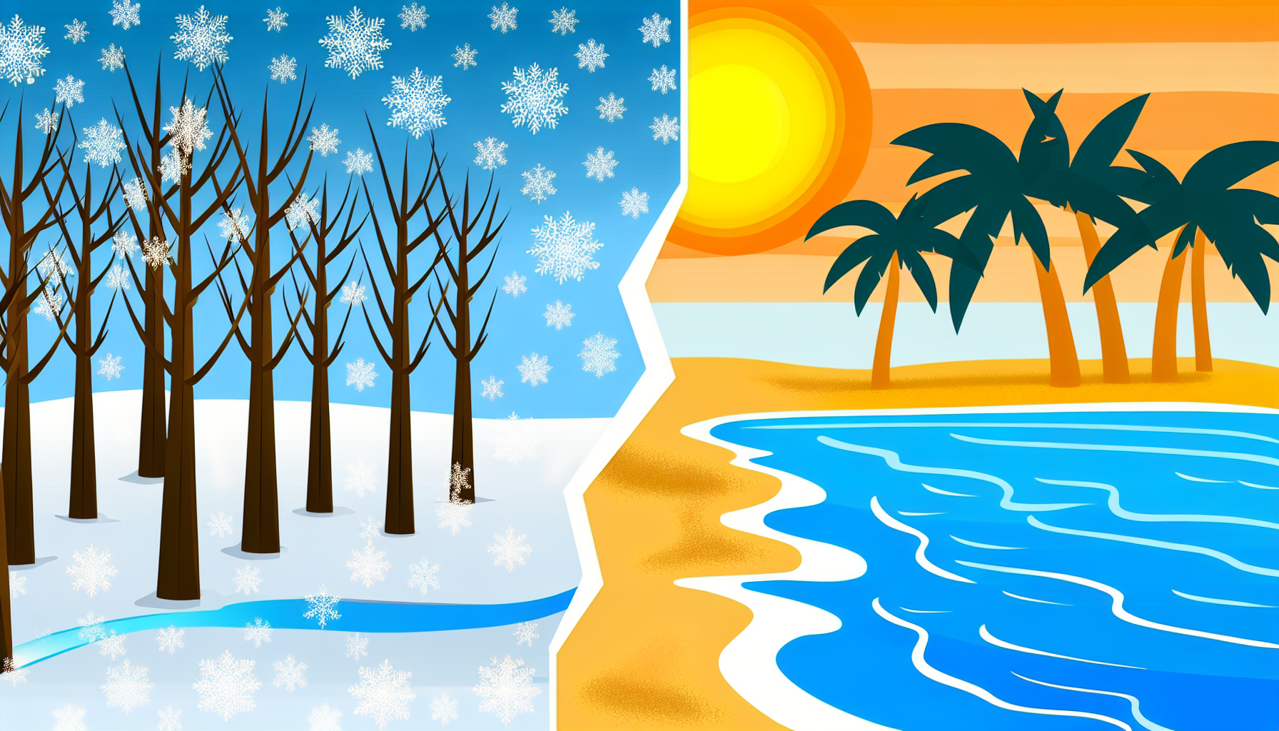 Illustration, die den Unterschied zwischen Kälte und Wärme zeigt. In der ersten Hälfte des Bildes ein verschneites Winterlandschaft mit kahlen Bäumen, einem gefrorenen See und fallenden Schneeflocken. In der zweiten Hälfte eine kontrastierende Szene eines Sommerstrandes, mit der brennenden Sonne, Palmen und Wellen, die sanft den Strand umspülen. Diese beiden Hälften sollten nebeneinander platziert werden, um den starken Kontrast zwischen den Bedingungen von Kälte und Wärme zu betonen.