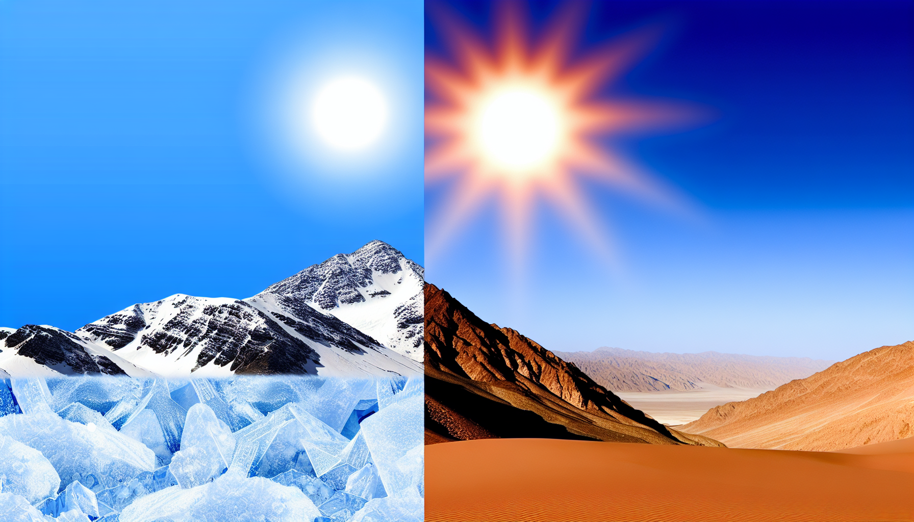 Erstellen Sie ein Bild, das den Kontrast zwischen KÃ¤lte und Hitze darstellt. Auf der einen Seite des Bildes illustrieren Sie das Konzept der KÃ¤lte mit einem schneebedeckten Berggipfel unter einem klaren, frostigen Himmel. Auf der gegenÃ¼berliegenden Seite zeigen Sie die Hitze mit einer WÃ¼stenlandschaft unter der brennenden Mittagssonne. Die Mitte sollte nahtlos von einem Extrem zum anderen Ã¼bergehen.