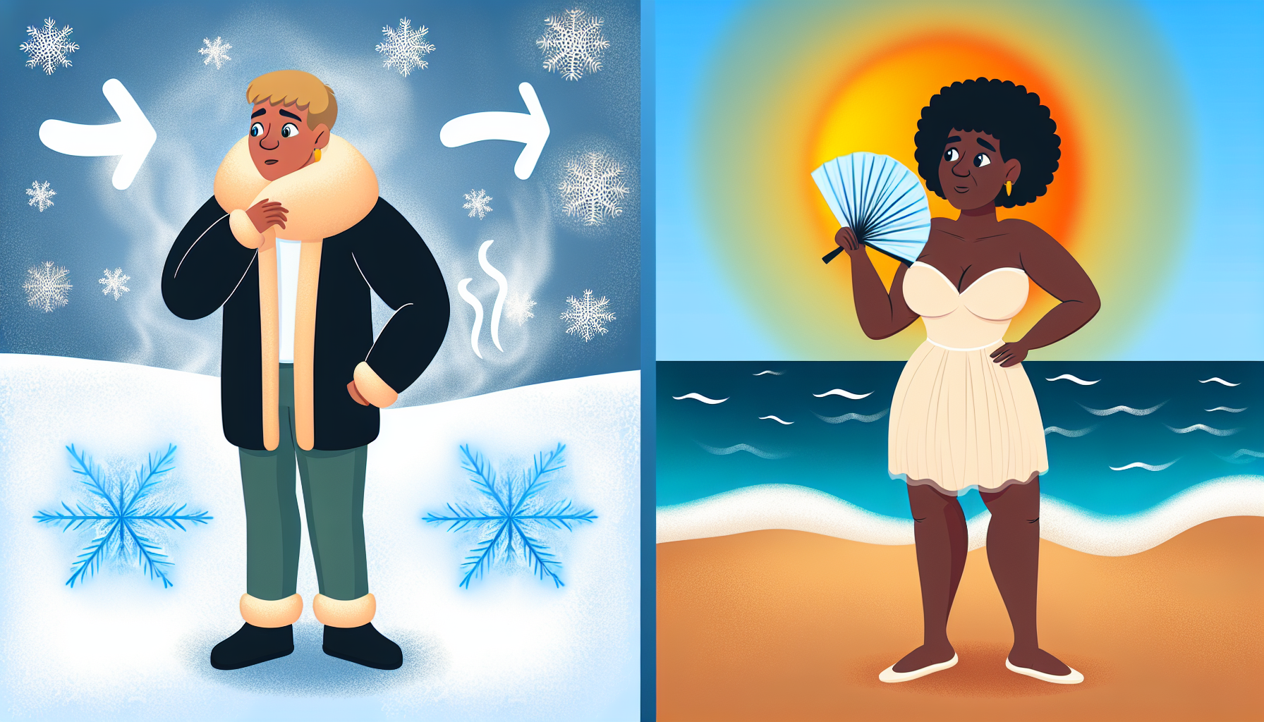 Eine Illustration, die den Unterschied zwischen Kälte und Wärme zeigt. Auf der einen Seite ist ein kaukasischer Mann zu sehen, der einen dicken Wintermantel trägt, zitternd zwischen Schneeflocken in einer frostigen Winterlandschaft steht. Sein Atem ist in der kalten Luft sichtbar. Auf der anderen Seite ist eine schwarze Frau in einem leichten Sommerkleid dargestellt, die sich unter der brennenden Sonne am Strand fächelt. Sie steht auf dem heißen Sand, während sanfte Wellen im Hintergrund anrollen. Klare visuelle Hinweise in den Umgebungen betonen den Kontrast zwischen der eisigen Kälte und den heißen Temperaturen.