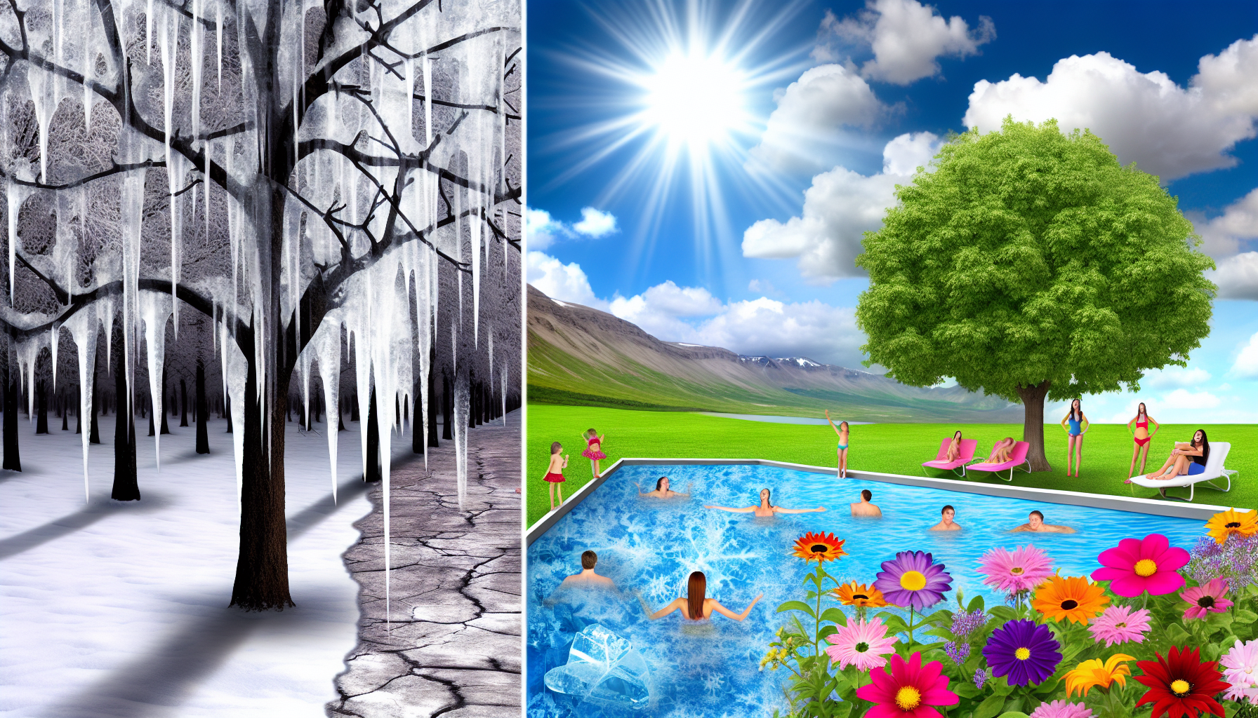 Visualisieren Sie den starken Kontrast zwischen Kälte und Wärme, indem Sie ihre einzigartigen Merkmale darstellen. Auf der linken Hälfte des Bildes zeigen Sie eine frostige Szene mit einer verschneiten Landschaft, einem einsamen, blattlosen Baum und einem gefrorenen Teich, alles unter einem grauen, wolkenverhangenen Winterhimmel. Eiszapfen hängen von den Ästen des Baumes und unterstreichen künstlerisch den scharfen Biss der Kälte. Auf der rechten Hälfte des Bildes zeigen Sie die Wärme an einem lebhaften Sommertag. Die Sonne scheint hell, Blumen blühen in Hülle und Fülle, ein üppiger grüner Baum spendet Schatten, und Menschen genießen die Wärme in der Nähe eines kristallblauen, sanft wehenden Sees.