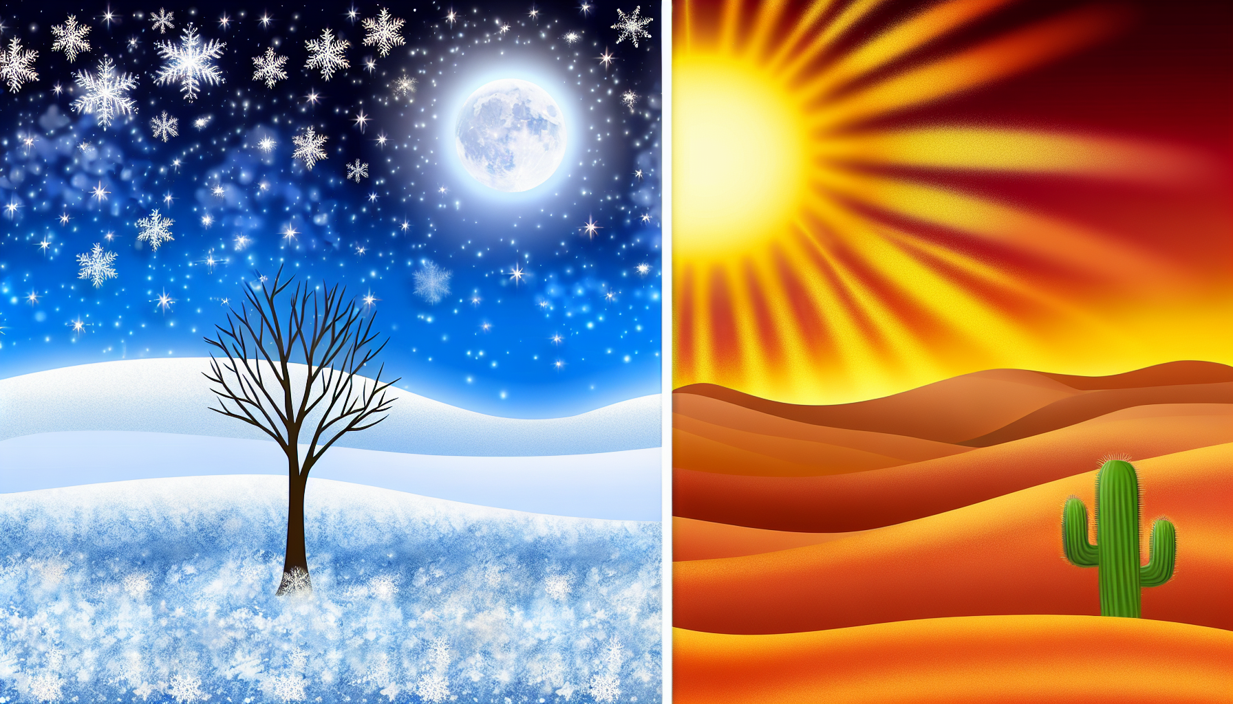 Eine Illustration, die die starken Kontraste zwischen kalten und warmen Temperaturen zeigt. Auf der einen Seite ein weites und ruhiges, schneebedecktes Landschaftsbild, das im kühlen Licht eines Vollmonds funkelt. Der Himmel ist mit funkelnden Sternen gefüllt, und ein einzelner, blattloser Baum steht ernsthaft auf einem gefrosteten Hügel. Auf der anderen Seite eine sonnenverwöhnte Wüste, strahlend unter der brennenden Nachmittagssonne. Die Luft flimmert vor Hitze, und ein einzelner Kaktus ragt hoch zwischen den sanften Sanddünen empor. Die beiden Hälften sollten gleichmäßig geteilt und klar unterscheidbar sein, um die Unterschiede zwischen der Hitze und der Kälte zu betonen.