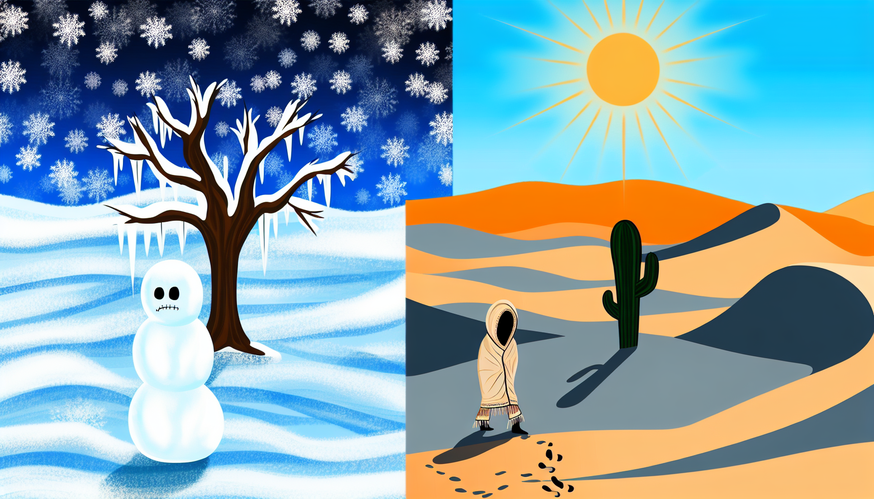 Eine Illustration, die den Kontrast zwischen Kälte und Hitze zeigt. Auf der einen Seite präsentiert sich eine verschneite Landschaft mit einem einsamen, blattlosen Baum inmitten eines Schneesturms. Eiszapfen hängen von den Ästen, und weicher Schnee bedeckt den Boden. Eine einsame Figur, eingehüllt in Schichten warmer Kleidung und mit einem Fußabdruck hinter sich, kämpft gegen den beißenden Wind. Auf der anderen Seite wird eine Wüstenlandschaft unter der grellen Sonne dargestellt. Sanddünen erstrecken sich bis zum Horizont, von dem gnadenlosen Wind gewellt. Ein einsamer, robuster Kaktus steht in der Mitte, während eine Figur in lockerer, leichter Kleidung und mit einem breiten Hut im Schatten des Kaktus Schutz sucht.