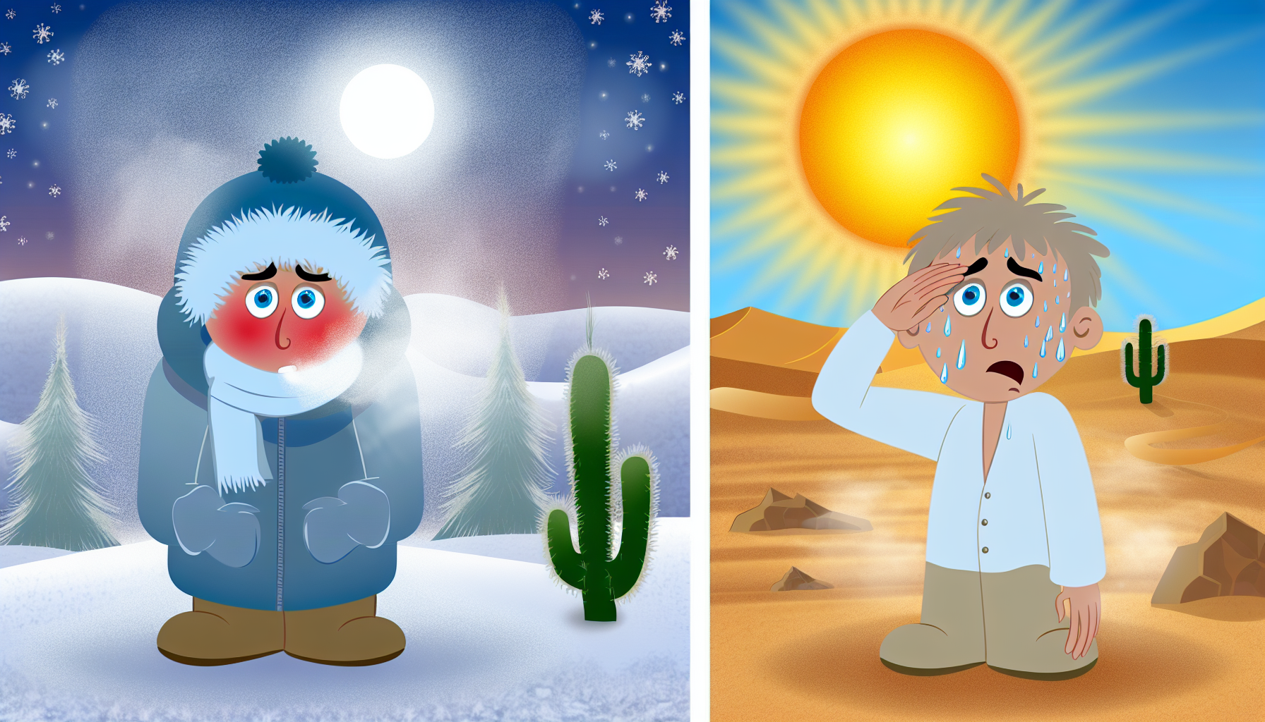 Illustrieren Sie den Unterschied zwischen Kälte und Wärme. Auf der einen Seite zeigen Sie eine winterliche Szene mit einer schneebedeckten Landschaft, frostigen Bäumen und einer Person, die in dicke Winterkleidung gehüllt ist, was Kälte darstellt. Sein Gesicht ist rot vor Kälte, und sein Atem bildet kleine Wolken in der Luft. Auf der anderen Seite stellen Sie eine Wüstenlandschaft unter einer grellen Sonne dar, der Boden ist heiß und brennend, und in der Ferne flimmern Fata Morganas. Eine Person hier trägt leichte Kleidung, Schweiß ist auf ihrer Stirn sichtbar, und sie schützt ihre Augen vor dem intensiven Sonnenlicht, was Wärme darstellt.