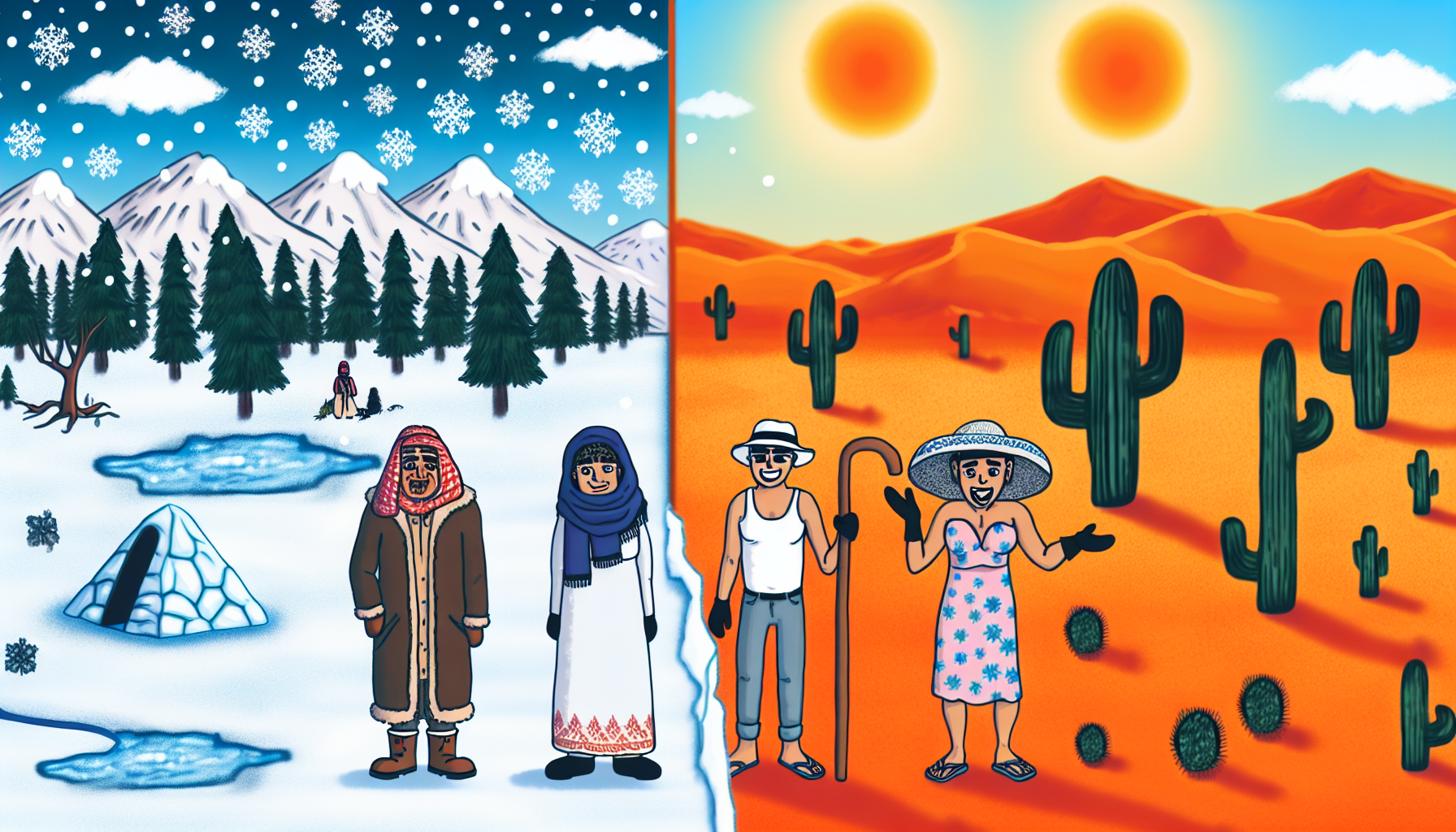 Illustration, die den Unterschied zwischen Kälte und Wärme darstellt. Auf der einen Seite eine verschneite, frostige Landschaft mit Kiefern, einem gefrorenen See und Schneeflocken, die aus einem kühlen, blauen Himmel fallen. Charaktere in Winterkleidung, wie ein Mann aus dem Nahen Osten mit einer schweren Jacke und eine Frau aus Südasien mit einem Schal und Handschuhen, sind sichtbar. Auf der anderen Seite eine sonnenverbrannte Wüste mit trockenem Gestrüpp, Kakteen und Sanddünen unter einem glühend orangefarbenen Himmel. Personen, die sich an die Bedingungen angepasst haben, wie ein hispanischer Mann in leichter Kleidung und einem Hut sowie eine kaukasische Frau in einem Sommerkleid, die einen Sonnenschirm hält, sind ebenfalls vorhanden.
