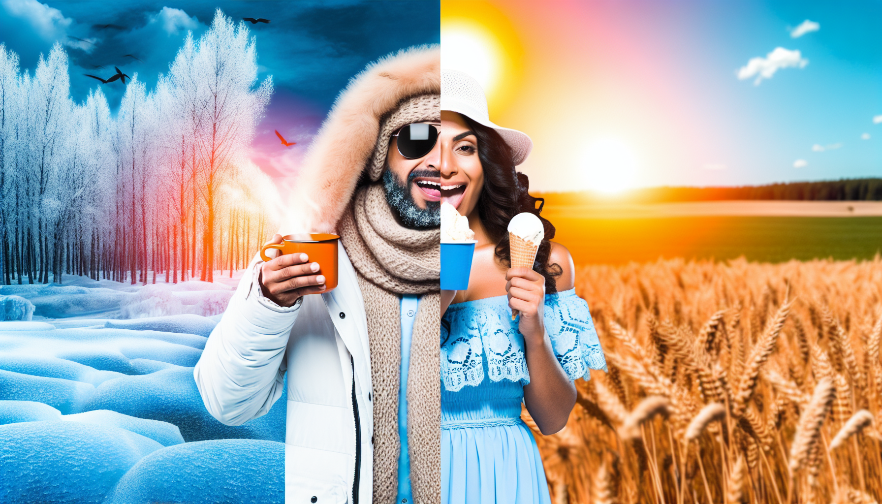 Visuelle Darstellung des Unterschieds zwischen KÃ¤lte und WÃ¤rme. Auf der einen Seite des Bildes eine kalte Winterlandschaft mit eisblauen TÃ¶nen, schneebedeckten BÃ¤umen und einer Person, die in schwere Winterkleidung gehÃ¼llt ist. Diese Person kÃ¶nnte ein Mann aus dem Nahen Osten sein, der eine Tasse heiÃŸen GetrÃ¤nks hÃ¤lt, um sich warm zu halten. Auf der anderen Seite eine Sommerlandschaft mit lebhaften warmen Farben, sonnenbeschienenen Feldern und einer hispanischen Frau, die leichte, luftige Kleidung trÃ¤gt und ein Eis genieÃŸt. Die beiden kontrastierenden Szenen nahtlos in der Mitte miteinander verbinden.