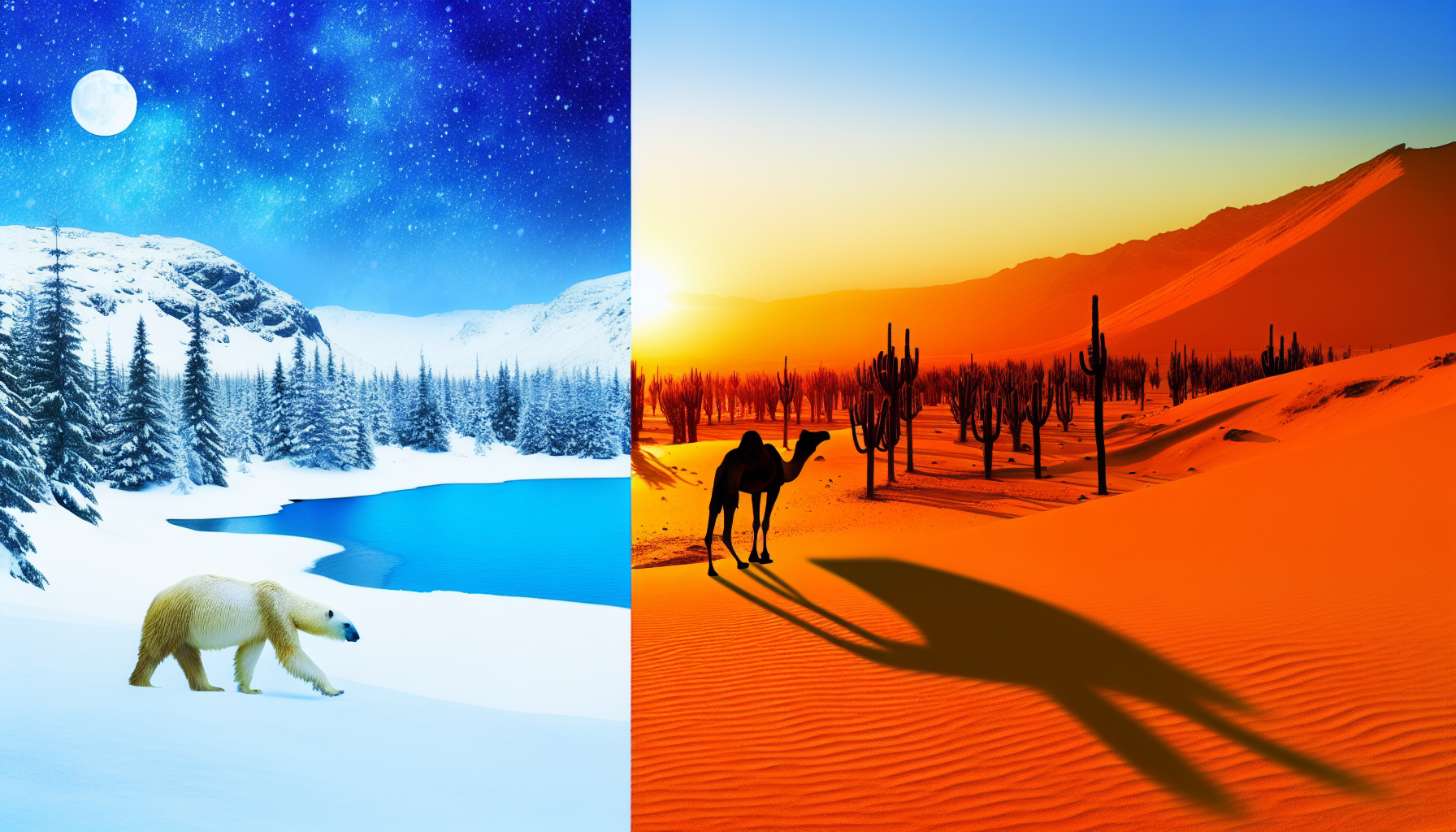 Erzeuge ein Bild, das Kälte und Wärme kontrastiert. Auf der linken Seite stelle eine schneebedeckte Berglandschaft mit einem einsamen Eisbären, einem gefrorenen See und mit weißem Schnee bestäubten Kiefern dar. Die Farben sollten in Weiß- und Blautönen gehalten sein, um Kälte zu vermitteln. Auf der rechten Seite zeige eine Wüste bei Sonnenuntergang mit Sprenkeln aus Orange und goldenem Sand. Dort sollte ein Kamel mit einem langen Schatten und sich bis zum Horizont erstreckende Kaktuspflanzen zu sehen sein. Der Unterschied zwischen den beiden Seiten sollte klar erkennbar sein.