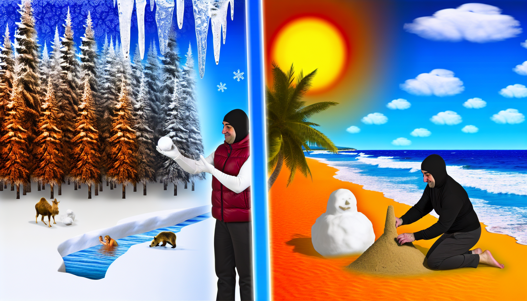 Stellen Sie den Kontrast zwischen Kälte und Wärme dar. Auf der einen Seite zeigen Sie eine schneebedeckte Landschaft mit Kiefern und einem gefrorenen Fluss, an dessen Ästen Eiszapfen hängen. Eine Person, die in Winterkleidung gekleidet ist, eine kaukasische Frau, formt einen Schneeball. Auf der anderen Seite zeigen Sie einen sonnenverwöhnten Strand mit Palmen und rollenden Wellen, wo ein Mann aus dem Nahen Osten eine Sandburg baut. Der Übergangsbereich zwischen den beiden Szenarien könnte als allmählicher Wandel dargestellt werden, der das Spektrum zwischen Kälte und Wärme veranschaulicht.