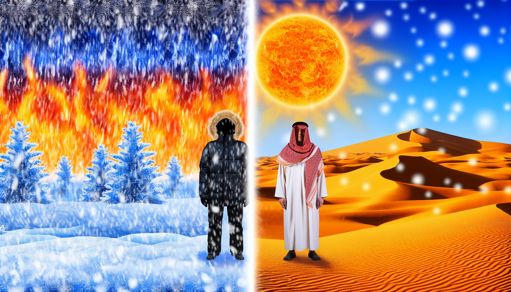 Illustrieren Sie die Dichotomie zwischen Kälte und Wärme. Auf der einen Seite der Leinwand stellen Sie eine kalte Winterszene dar, in der Schnee auf eine weite, eisige Landschaft fällt, eisige Bäume unter den frostigen Bögen kristallisieren und eine Person in einer warmen Winterjacke gekleidet ist. Auf der anderen Seite repräsentieren Sie die Wärme mit einer lebhaften heißen Wüste unter einer brennenden Sonne, Sanddünen, die unter der Hitze glühen, und einem Mann aus dem Nahen Osten, der traditionelle Kleidung trägt und sich gegen die intensive Wärme stemmt. Veranschaulichen Sie effektiv den visuellen Unterschied zwischen einer gefrierenden und einer sengenden Umgebung.