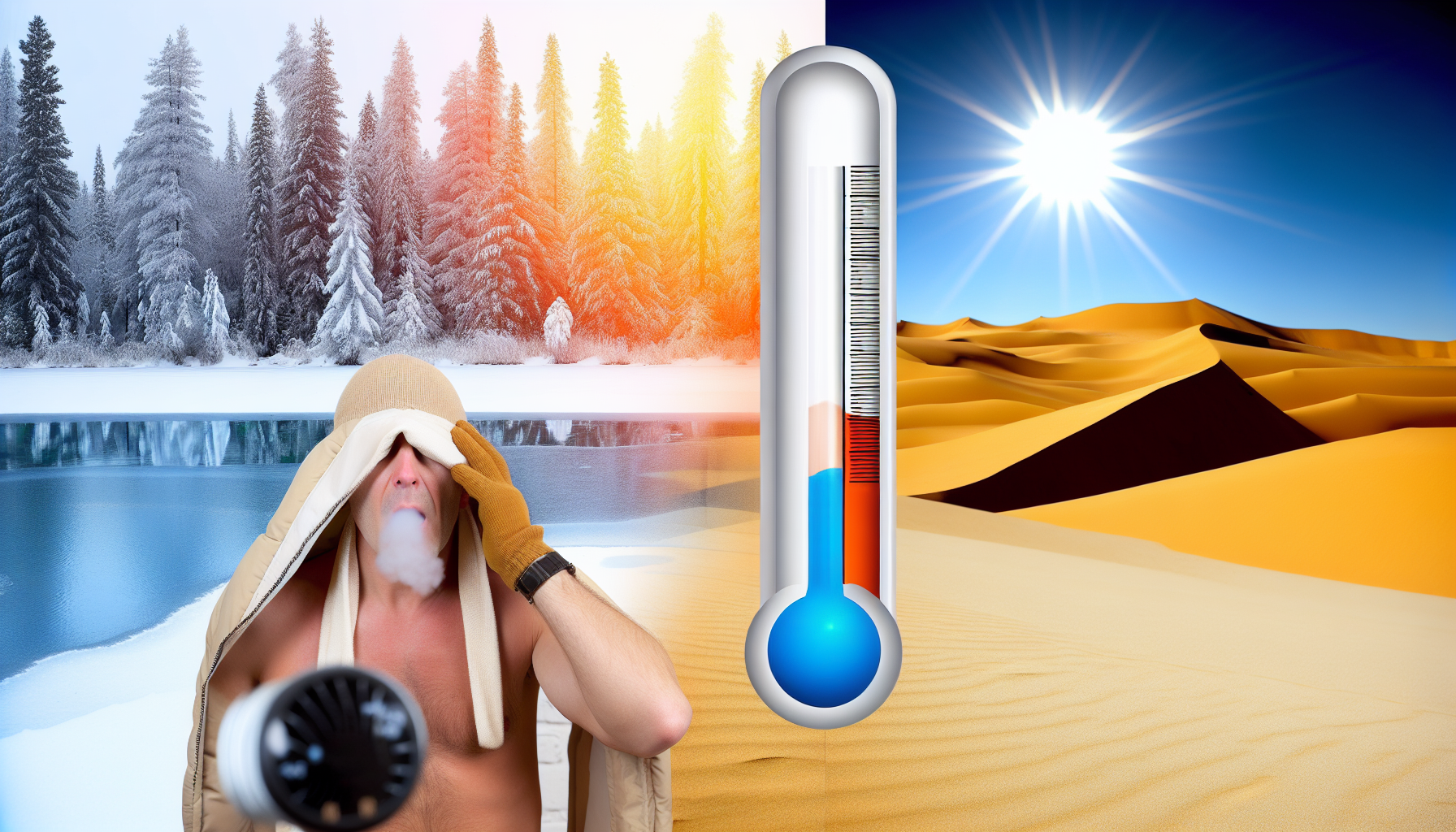 Ein Bild, das den Kontrast zwischen Kälte und Wärme darstellt. Auf der einen Seite sieht man eine verschneite Landschaft, einen mit Eis bedeckten See und mit weißem Schnee bestäubte Kiefern. Eine Person in schwerer Winterkleidung atmet, und der Atem wird in der kalten Luft sichtbar. Auf der anderen Seite wird eine Wüstenlandschaft dargestellt, der krasser Kontrast der sandigen Dünen unter der brennenden Sonne. Eine Person in leichter, atmungsaktiver Kleidung wischt sich den Schweiß von der Stirn. In der Mitte ein Thermometer, dessen Quecksilberstand perfekt in der Mitte ist, symbolisch für den Treffpunkt der Extreme.