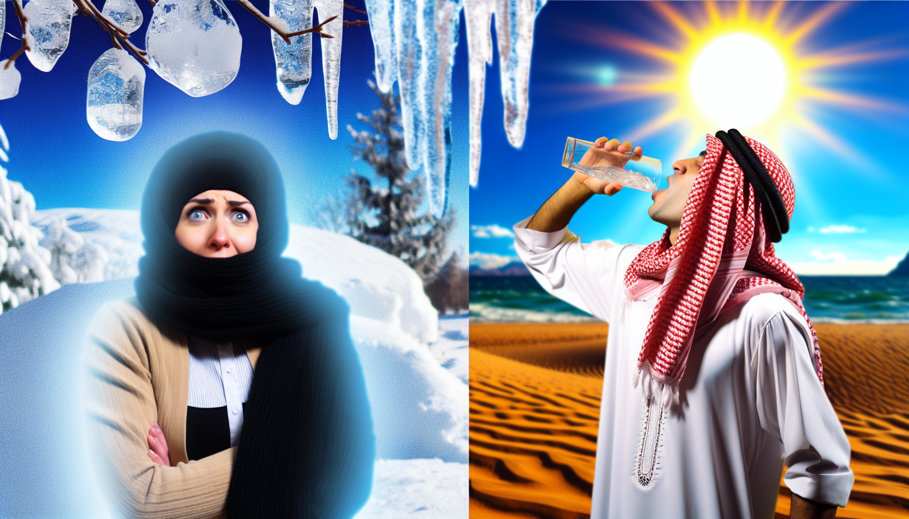 Stellen Sie den Kontrast zwischen kalten und warmen Temperaturen dar. Auf der einen Seite des Bildes zeigen Sie eine Winterszene mit einer kaukasischen Frau, die schwere Kleidung trägt, deren Atem in der klaren, frostigen Luft sichtbar ist; um sie herum erstreckt sich eine verschneite Landschaft mit Eiszapfen, die von den Ästen hängen. Auf der anderen Seite zeigen Sie einen mittelöstlichen Mann, der in leichter, bequemer Kleidung gekleidet ist und seinen Durst mit einem kühlen Getränk stillt, während er von einer Sommersonne und einem heißen Sandstrand umgeben ist.