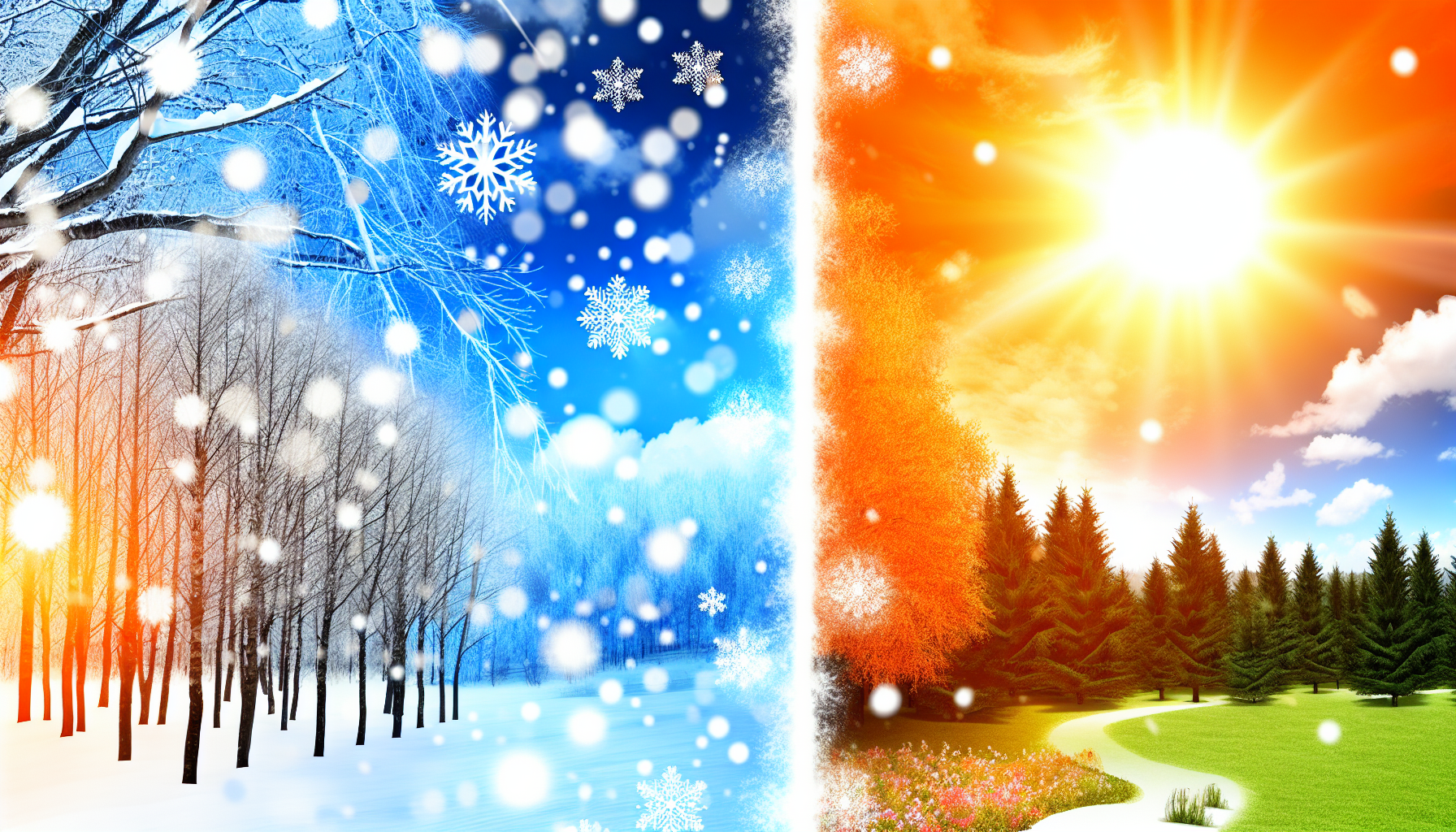 Erstellen Sie ein Bild, das visuell den Unterschied zwischen Kälte und Wärme darstellt. Auf der einen Seite zeigen Sie eine verschneite Winterlandschaft mit eisblauen Tönen, kahlen Bäumen und fallenden Schneeflocken. Dies sollte das Wesen der Kälte personifizieren. Auf der anderen Seite stellen Sie eine sommerliche Szene dar, mit intensivem orangefarbenem Sonnenlicht, üppigen grünen Bäumen und blühenden Blumen, die das Konzept der Wärme verkörpern. Teilen Sie das Bild in der Mitte, um den Kontrast zwischen diesen beiden gegensätzlichen Empfindungen hervorzuheben.