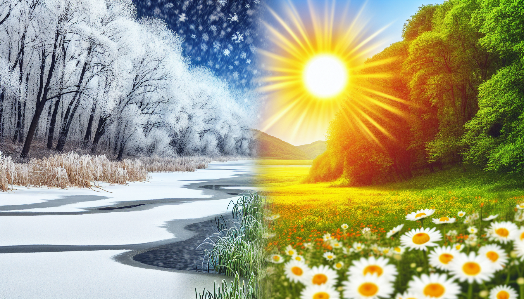 Erzeuge ein Bild, das visuell den Unterschied zwischen Kälte und Wärme darstellt. Auf der einen Seite des Bildes sollte eine verschneite Landschaft mit frostbedeckten Bäumen und einem gefrorenen Fluss dargestellt werden. Es sollte das Wesen des Winters und der Kälte verkörpern, mit eisigen Winden und Schneeflocken, die durch die Luft wirbeln. Auf der anderen Seite illustriere einen warmen, sonnigen Tag. Dort sollte eine goldene Sonne am Himmel stehen, die Strahlen der Wärme auf eine üppige grüne Wiese mit blühenden Blumen sendet. Eine sanfte Brise weht und lässt die Blätter leicht rascheln. Die beiden Jahreszeiten sollten deutlich voneinander getrennt, aber in der Mitte allmählich ineinander übergehen, um den Kontrast zu zeigen.
