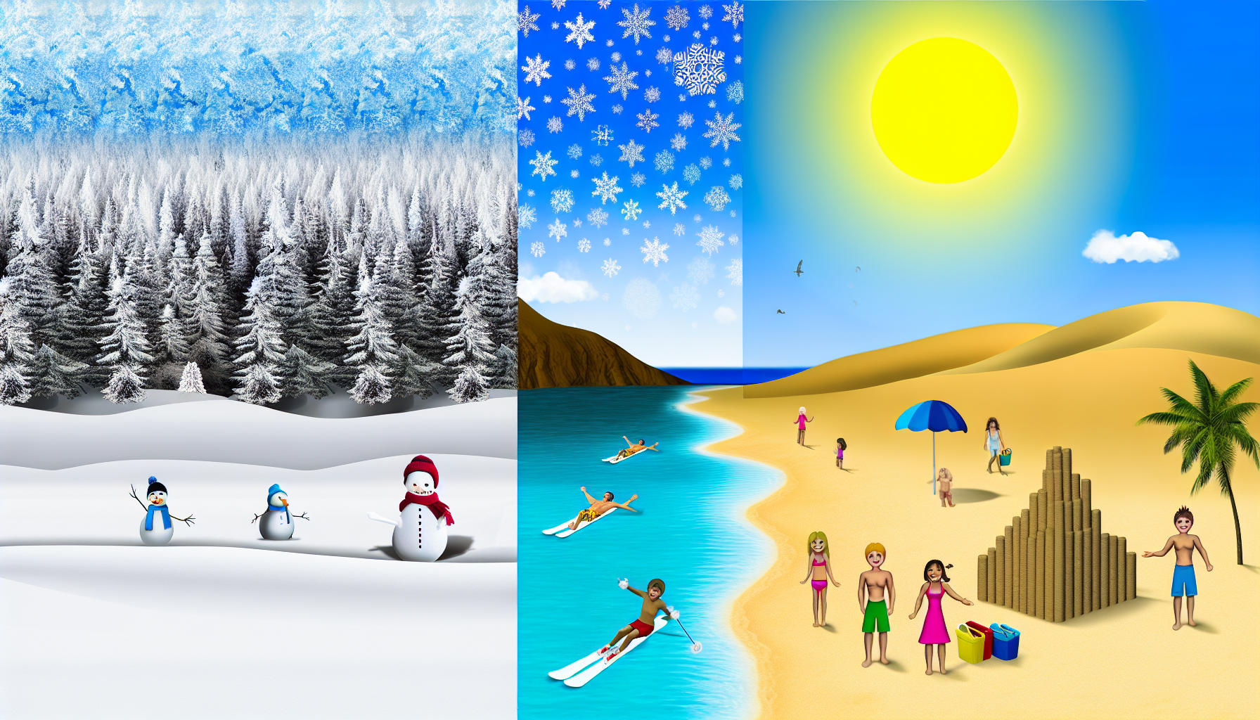 Erstellen Sie ein detailliertes geteiltes Bild, das den Unterschied zwischen Kälte und Wärme darstellt. Auf der linken Seite illustrieren Sie eine verschneite Winterlandschaft: eine frostbedeckte Nadelwaldlandschaft, ein eisiger Fluss unter einem blassblauen Himmel, einen Schneemann mit Hut und Schal und einen einsamen Skifahrer, der einen weißen Berghang hinunterfährt. Auf der rechten Seite repräsentieren Sie eine glühend heiße Sommersonne: einen Sandstrand gesäumt von Palmen, ein türkisfarbenes Meer mit schwimmenden Menschen, eine strahlend gelbe Sonne in einem klaren Himmel und Kinder, die eine Sandburg bauen. Die Trennlinie zwischen beiden Szenen sollte den Übergang von Winter zu Sommer, von Kälte zu Wärme darstellen.