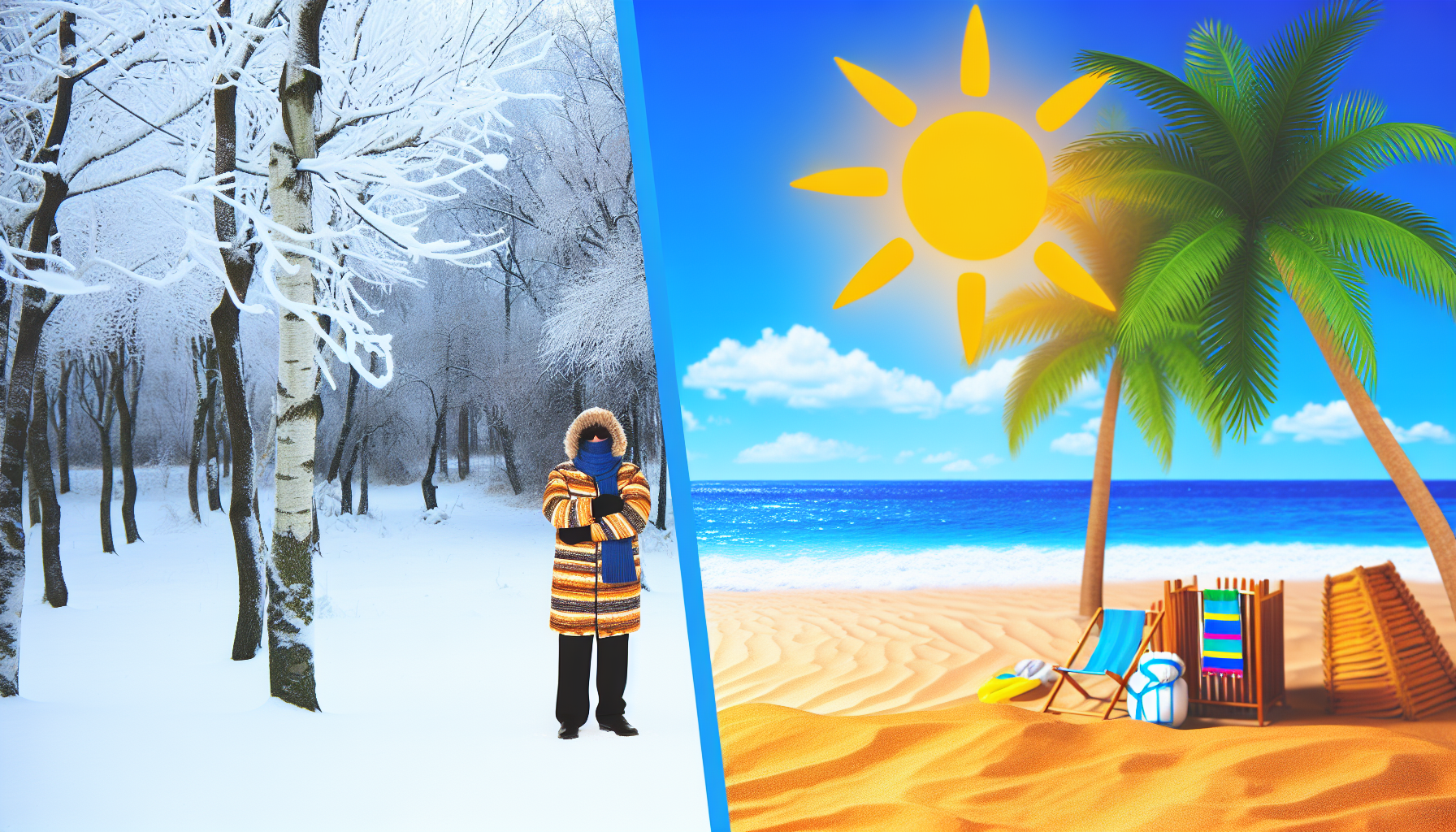 Illustrieren Sie den Kontrast zwischen Kälte und Wärme. Auf der linken Hälfte des Bildes zeigt sich eine kalte Winterszene mit einer schneebedeckten Landschaft, kahlen Bäumen und einer Person, die sich in warme Kleidung eingepackt gegen den Schneefall stemmt. Auf der rechten Hälfte des Bildes wird eine heiße Sommersonne dargestellt, mit einem Sandstrand, der strahlenden Sonne am klaren blauen Himmel, Palmen, die Schatten spenden, und einer Person, die die Wärme in leichter Sommerkleidung genießt.
