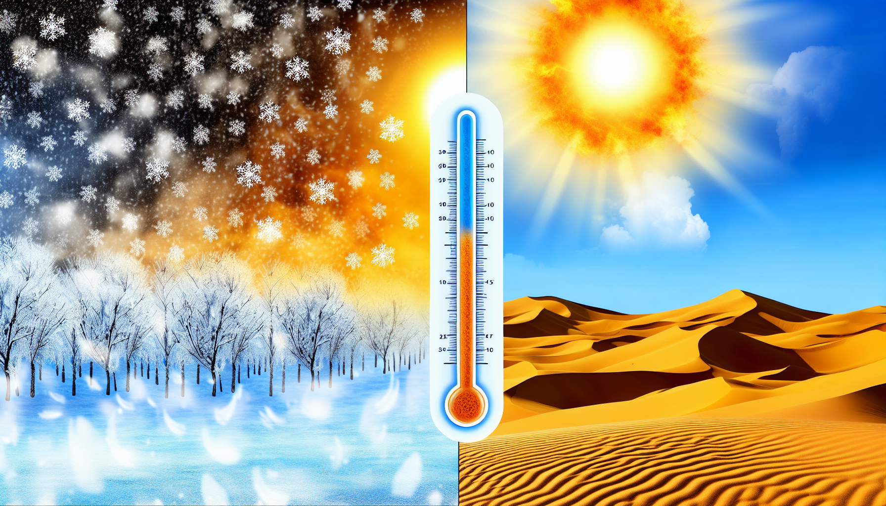 Erstellen Sie eine illustrative Darstellung des Unterschieds zwischen Kälte und Wärme. Auf der einen Seite zeigen Sie eine trostlose, verschneite Landschaft mit gefrorenen Bäumen, eisigem Wind, der weht, und fallenden Schneeflocken, die die frostige Kälte repräsentiert. Auf der anderen Seite illustrieren Sie eine trockene Wüstenumgebung unter einer brennenden Sonne, mit Sanddünen, die unter der intensiven Hitze schimmern, was die Wärme symbolisiert. Platzieren Sie ein Thermometer in der Mitte, dessen unterer Teil gefroren und dessen oberer Teil kochend heiß ist, um den drastischen Temperaturwechsel zu verdeutlichen.