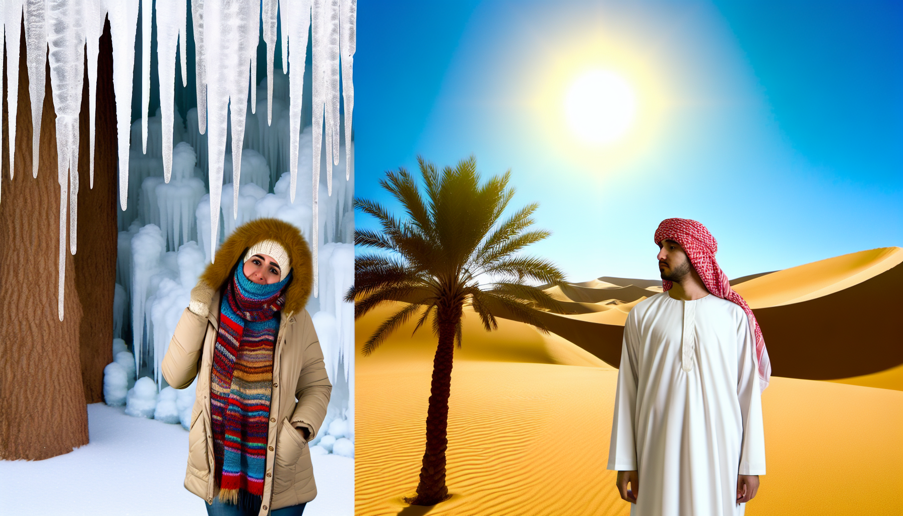 Erstellen Sie eine bedeutungsvolle und symbolische Darstellung des Unterschieds zwischen Kälte und Wärme. Auf der einen Seite des Bildes illustrieren Sie das Konzept der Kälte mit einer schneebedeckten, weißen Landschaft, Eiszapfen, die von Bäumen hängen, und einer Person, die in einen schweren Wintermantel und einen Hut gehüllt ist. Diese Person sollte weiblich und südasiatischer Abstammung sein. Auf der anderen Seite verkörpern Sie die Vorstellung von Wärme, indem Sie eine Wüstenlandschaft mit goldenen Sanddünen, einer brennenden Sonne am Himmel und einer männlichen Figur aus dem Nahen Osten in leichter Kleidung darstellen, die unter einer Palme im Schatten steht. Achten Sie auf die kontrastierenden Farbpaletten, die für jede Szene verwendet werden.