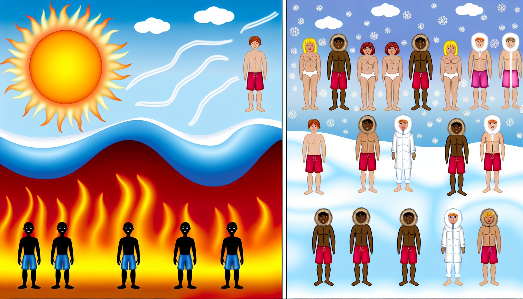 Ein lehrreiches Diagramm, das visuell den Unterschied zwischen Hitze und KÃ¤lte veranschaulicht. Auf der einen Seite des Bildes zeigt eine Szene eines heiÃŸen Sommertages mit einer strahlenden Sonne am Himmel, sichtbaren Hitzewellen auf dem Boden und Menschen, die luftige Sommerkleidung wie Shorts und Tanktops tragen. Ihre HauttÃ¶ne variieren von kaukasisch Ã¼ber schwarz bis hin zu hispanisch, mittelÃ¶stlich und sÃ¼dasiatisch. Auf der anderen Seite wird eine kalte Winterszene dargestellt, mit einer Schneedecke auf dem Boden, Menschen, die sich in warme MÃ¤ntel und HÃ¼te eingepackt haben, deren Atem in der kalten Luft sichtbar ist, und Menschen mit unterschiedlichen HauttÃ¶nen von kaukasisch Ã¼ber schwarz bis hin zu hispanisch, mittelÃ¶stlich und sÃ¼dasiatisch.