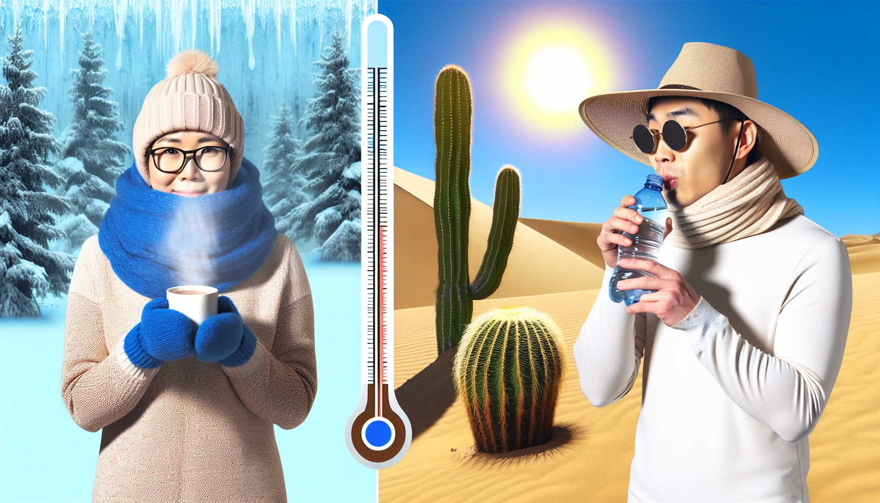 Eine visuelle GegenÃ¼berstellung von KÃ¤lte und WÃ¤rme. Auf der linken Seite wird eine eisige Landschaft mit schneebedeckten Kiefern, einem frostigen See und einer kaukasischen Frau dargestellt, die sich in mehreren Schichten warm eingepackt hat. Sie hÃ¤lt eine dampfende Tasse heiÃŸe Schokolade in den HÃ¤nden. Auf der rechten Seite wird eine heiÃŸe, sonnige WÃ¼ste mit einem Kaktus und sanften SanddÃ¼nen gezeigt. Ein asiatischer Mann trÃ¤gt leichte, luftige Kleidung und einen breitkrempigen Hut, um sich vor der brennenden Sonne zu schÃ¼tzen. Er trinkt aus einer Wasserflasche. Beide Szenen werden durch ein Thermometer getrennt, das die unterschiedlichen Temperaturen anzeigt.