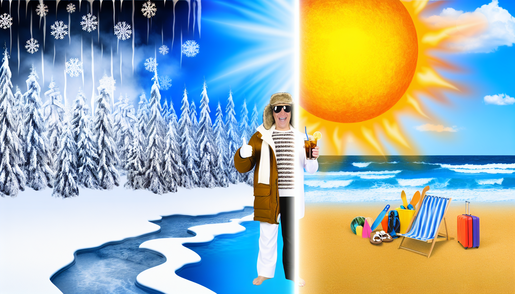 Visuelle Darstellung, die den Kontrast zwischen KÃ¤lte und WÃ¤rme zeigt. Auf der einen Seite befindet sich eine kalte Winterlandschaft mit einer Gruppe schneebedeckter BÃ¤ume, eisigen BÃ¤chen und einer Person, die in dicker Winterkleidung gekleidet ist, deren Atem in der kalten Luft sichtbar ist. Ihr Hautton ist kaukasisch. Auf der anderen Seite eine Szene, die einen glÃ¼hend heiÃŸen Sommertag darstellt, mit einer groÃŸen Sonne hoch am Himmel, die intensive Strahlen ausstrahlt, einem Sandstrand, Ozeanwellen und einer Person hispanischer Abstammung, die Sommerkleidung, einen Hut und Sonnenbrille trÃ¤gt und ein kaltes GetrÃ¤nk hÃ¤lt. Die beiden HÃ¤lften des Bildes sind durch eine dÃ¼nne vertikale Linie getrennt.