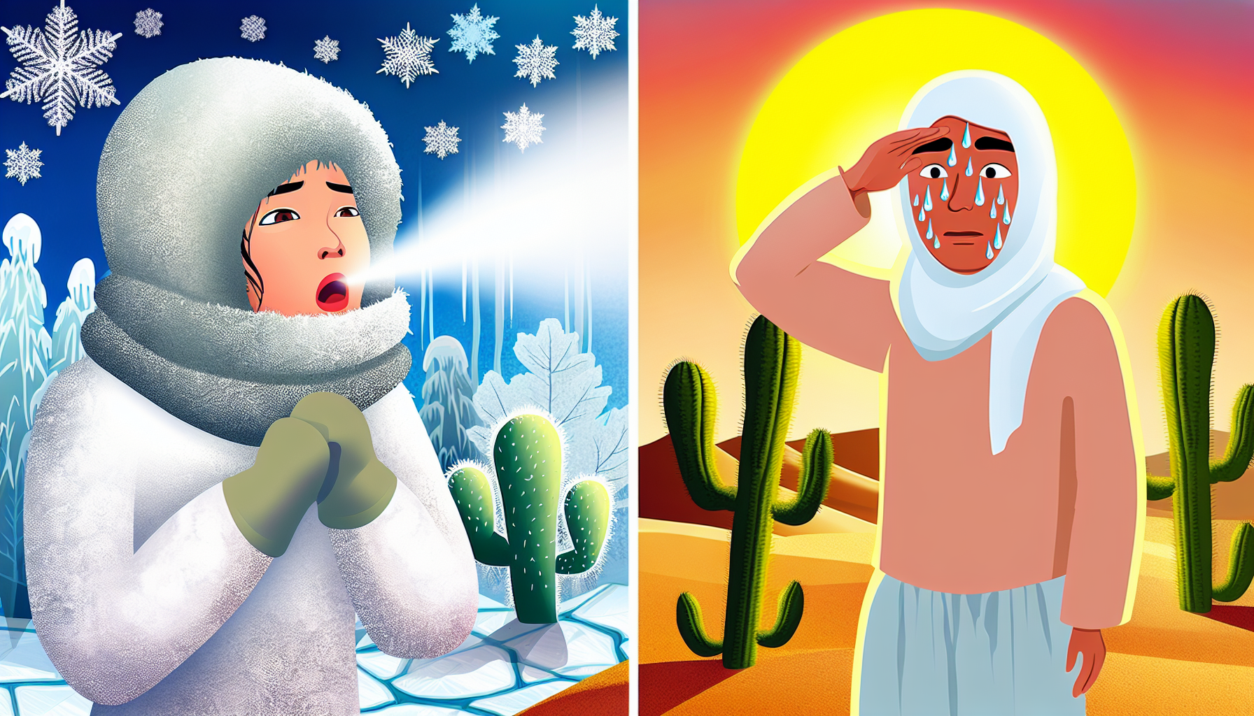 Illustration, die den Unterschied zwischen KÃ¤lte und WÃ¤rme zeigt. Auf der linken Seite wird KÃ¤lte mit einer eisigen Landschaft dargestellt, einer Gruppe von BÃ¤umen, die mit Frost bedeckt sind, einer asiatischen Frau, die schwer in Winterkleidung gekleidet ist und sichtbaren Atem in die frische Luft ausstÃ¶ÃŸt. Auf der rechten Seite wird WÃ¤rme mit einer sonnenbeschienenen WÃ¼stenlandschaft dargestellt, einem mittelÃ¶stlichen Mann in leichter Kleidung, SchweiÃŸperlen auf seiner Stirn, unter der brennenden Sonne, umgeben von Kakteen und SanddÃ¼nen.