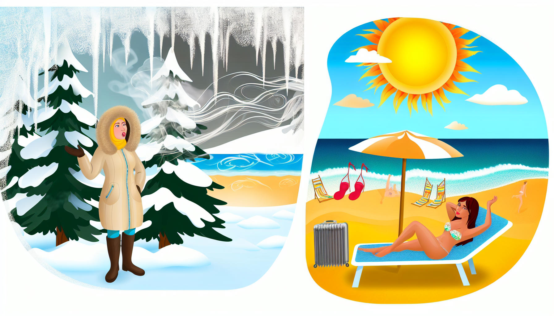 Stellen Sie einen illustrativen Vergleich zwischen kalten und warmen Temperaturen dar. Zeigen Sie zwei nebeneinander stehende Szenen. Auf der linken Seite stellen Sie eine Winterlandschaft dar, mit einer frostigen, weiÃŸen Umgebung. Es kÃ¶nnten TannenbÃ¤ume mit Schnee beladen sein, der Atem verwandelt sich in Dampf in der kalten Luft, und vielleicht eine Figur, die in einen schweren Mantel gehÃ¼llt ist, kanadischer Abstammung, weiblich, mit rosigen Wangen von der KÃ¤lte drauÃŸen. Auf der rechten Seite stellen Sie eine Sommersonne dar, mit warmen FarbtÃ¶nen. Es kÃ¶nnte einen Strand mit strahlender Sonne und goldenem Sand geben, Wellen, die an das Ufer schlagen, und eine Figur in Badebekleidung, mÃ¤nnlich, mit mittlerer Ã¶stlicher Abstammung, die sich unter einem Sonnenschirm entspannt und ein eiskaltes GetrÃ¤nk genieÃŸt. Betonen Sie in diesen beiden kontrastierenden Umgebungen die Empfindungen von KÃ¤lte und WÃ¤rme.