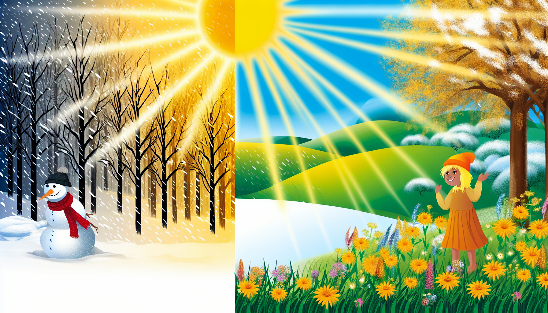 Stellen Sie eine nebeneinanderstehende Vergleichsillustration dar, die den Unterschied zwischen KÃ¤lte und WÃ¤rme hervorhebt. Auf der einen Seite zeigen Sie eine winterliche Szene mit einer schneebedeckten Landschaft, kahlen BÃ¤umen und einer Person, die in warme Kleidung eingepackt ist. Auf der anderen Seite stellen Sie eine Sommersonne dar, die goldene Sonnenstrahlen auf eine Ã¼ppig grÃ¼ne Wiese wirft, mit blÃ¼henden Blumen und jemandem, der ein leichtes Sommerkleid trÃ¤gt. Die gesamte Szene sollte den starken Kontrast zwischen der eisigen KÃ¤lte und der wohltuenden WÃ¤rme reprÃ¤sentieren.
