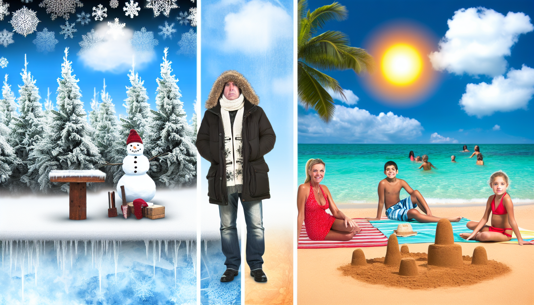 Visuelle Darstellung der Unterschiede zwischen KÃ¤lte und WÃ¤rme. Auf der einen Seite das Konzept der KÃ¤lte, dargestellt durch eine verschneite Landschaft mit frostbedeckten BÃ¤umen, einer Person in dicker Winterkleidung â€“ einem kaukasischen Mann mit einem dicken Mantel und einer gestrickten MÃ¼tze â€“ und einem Schneemann. Auf der anderen Seite das Konzept der WÃ¤rme, dargestellt durch eine tropische Strandszene mit strahlender Sonne, einer hispanischen Frau in einem Sommerkleid, die sich sonnt, und Kindern, die Sandburgen bauen. Platziere beide Szenen nebeneinander, um den drastischen Unterschied zwischen den beiden Umgebungen zu betonen.
