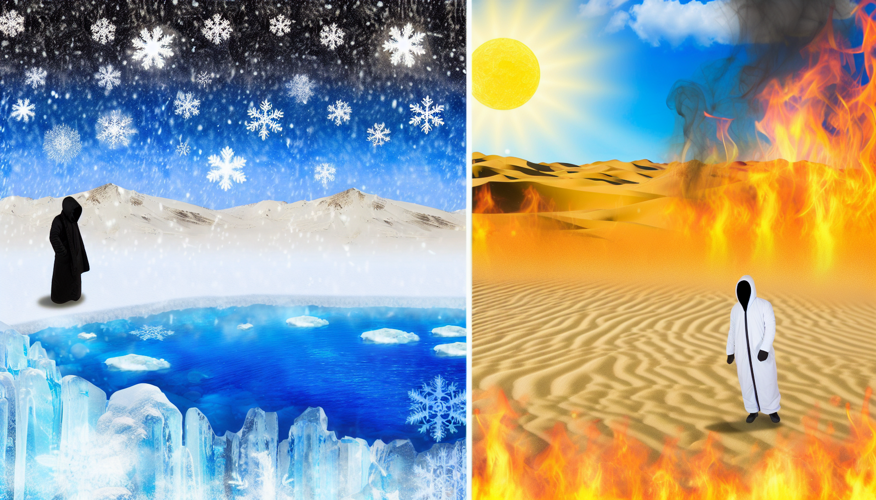 Erstellen Sie ein Bild, das den Unterschied zwischen Kälte und Wärme visualisiert. Auf der einen Seite des Bildes zeigen Sie eine frostige, eisige Umgebung mit fallenden Schneeflocken, einem mit Eis bedeckten Teich und einer Person in dicker Winterkleidung. Verwenden Sie kühle Farben wie Weiß und Blau, um die Kälte darzustellen. Auf der anderen Seite illustrieren Sie eine heiße, sonnige Wüste mit goldenem Sand, einer brennenden Sonne über Kopf und einer Person in leichter, luftiger Sommerkleidung. Verwenden Sie warme Farben wie Orange und Gelb, um die Hitze darzustellen. Die Szene sollte deutlich kalte und warme Gefühle repräsentieren.