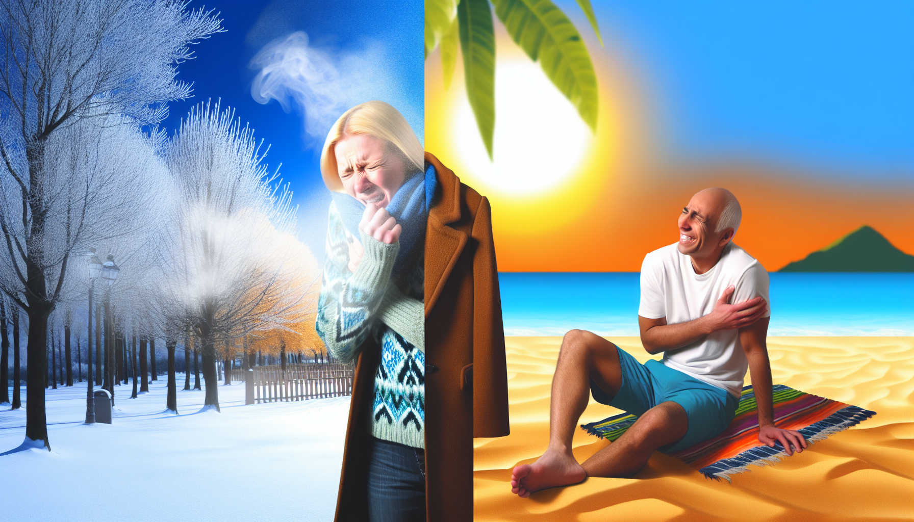 Ein Bild, das den Kontrast zwischen KÃ¤lte und WÃ¤rme visuell darstellt. Auf der einen Seite eine kalte Szene mit schneebedecktem Boden, einem kahl gewordenen Baum und einer Person in einem schweren Wintermantel, deren Atem in der frostigen Luft sichtbar ist. Ihre Haut ist hell und sie hat blonde Haare. Sie scheint ein wenig zu zittern, wÃ¤hrend sie ihren Mantel enger zieht. Auf der anderen Seite eine tropische Landschaft mit einem Sandstrand, Palmen und einer Person, die Shorts und ein T-Shirt trÃ¤gt und sich bequem in der Sonne entspannt. Diese Person hat dunkles Haar und ist sÃ¼dasiatischer Abstammung. Die beiden Szenen sollten klar voneinander getrennt sein, sich aber in der Mitte des Bildes treffen.