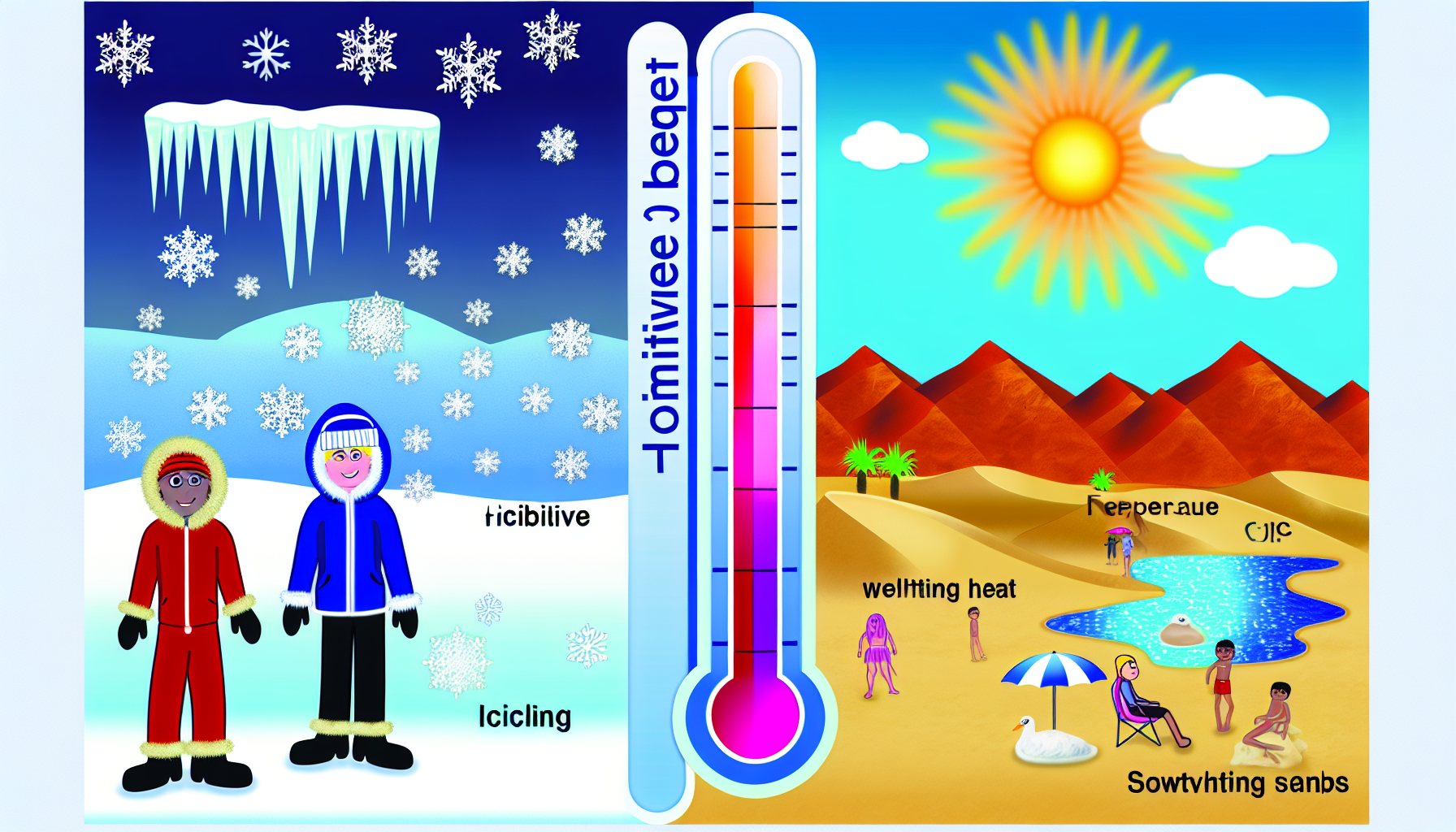 Eine informative und visuelle Darstellung, die KÃ¤lte und WÃ¤rme vergleicht und gegenÃ¼berstellt. Auf der einen Seite zeigen Sie frostige negative Temperaturen mit Eiszapfen, einer verschneiten Landschaft und einer Person, die Winterkleidung trÃ¤gt, wie eine Parka, eine MÃ¼tze und Handschuhe. Auf der anderen Seite illustrieren Sie glÃ¼hend heiÃŸe positive Temperaturen mit einer WÃ¼stenlandschaft, flimmernden Hitzewellen und einer Person, die Sommerkleidung trÃ¤gt, wie ein T-Shirt, Shorts und Sonnenbrille. In der Mitte verwenden Sie ein Thermometer, das die Temperaturspanne von kalt bis heiÃŸ anzeigt.